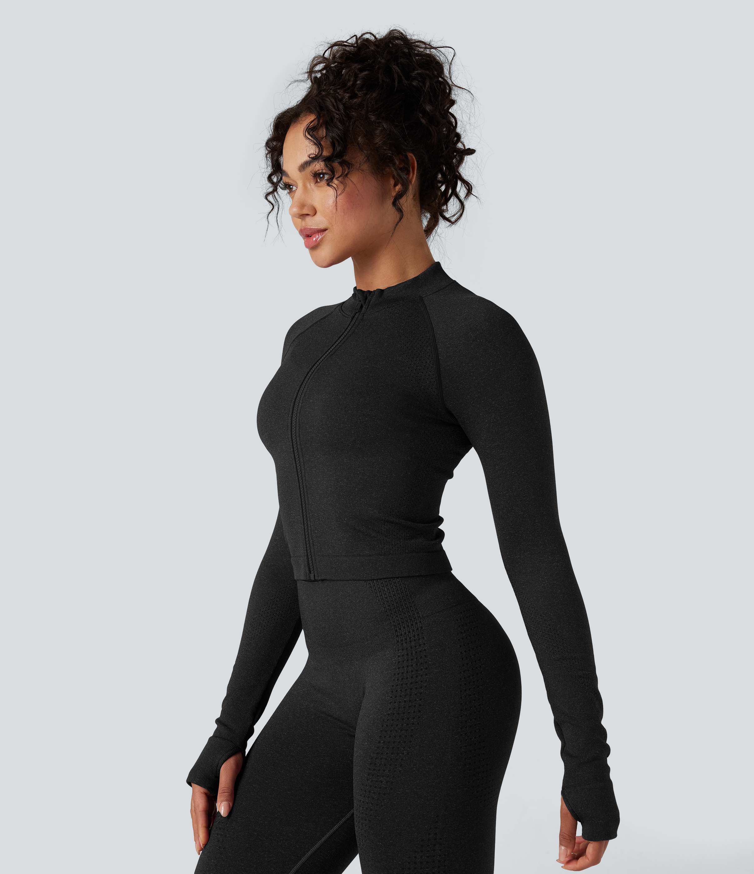 Seamless Flow Stand Collar Long Sleeve Thumb Holes Slim Cropped Yoga Jacket