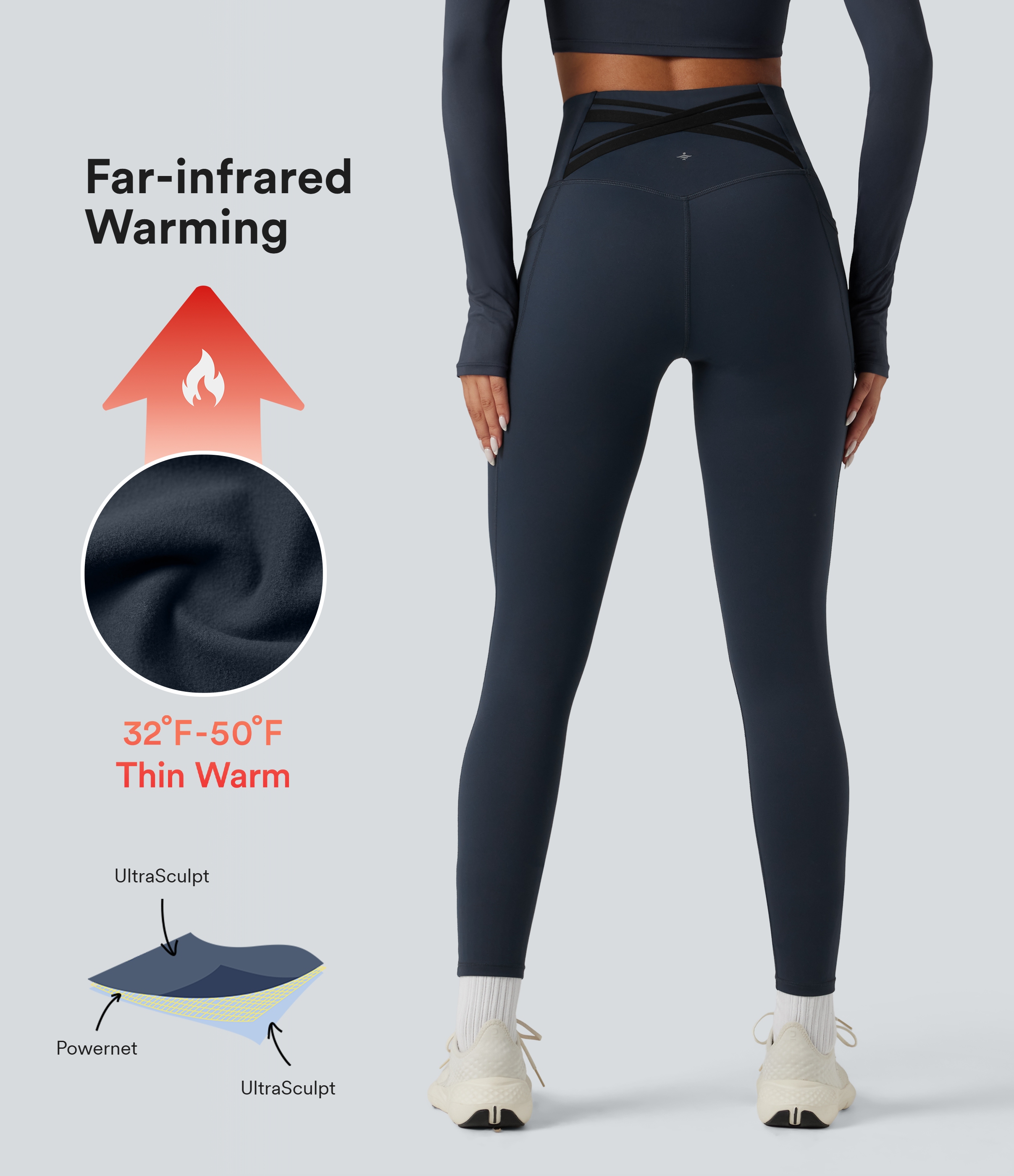 Halara Ultrasculpt™ Heat High Waisted Tummy Control Crossover Back Fleece Running Leggings with Pockets