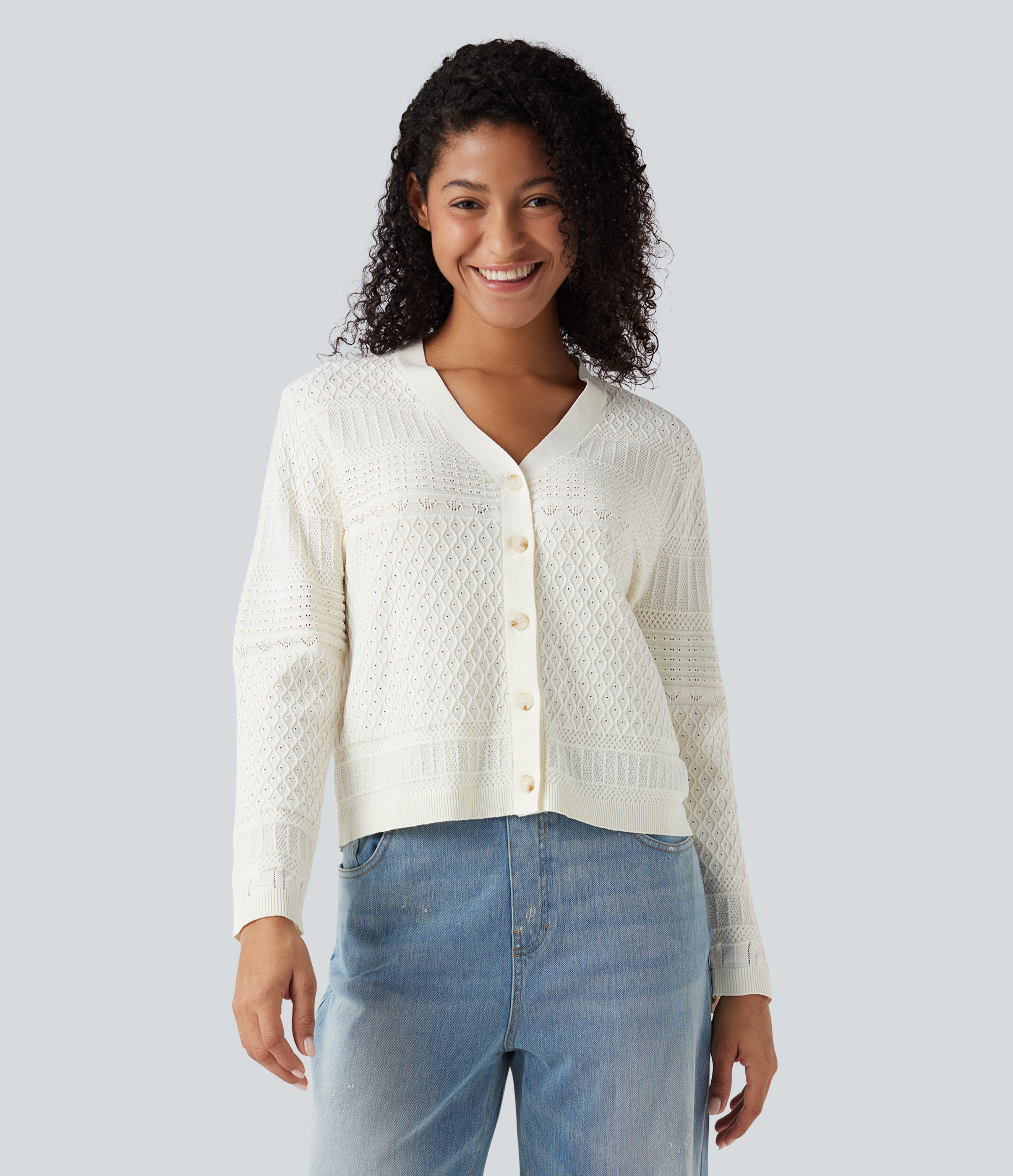 V-neck Long Sleeve Hollow Out Casual Cardigan