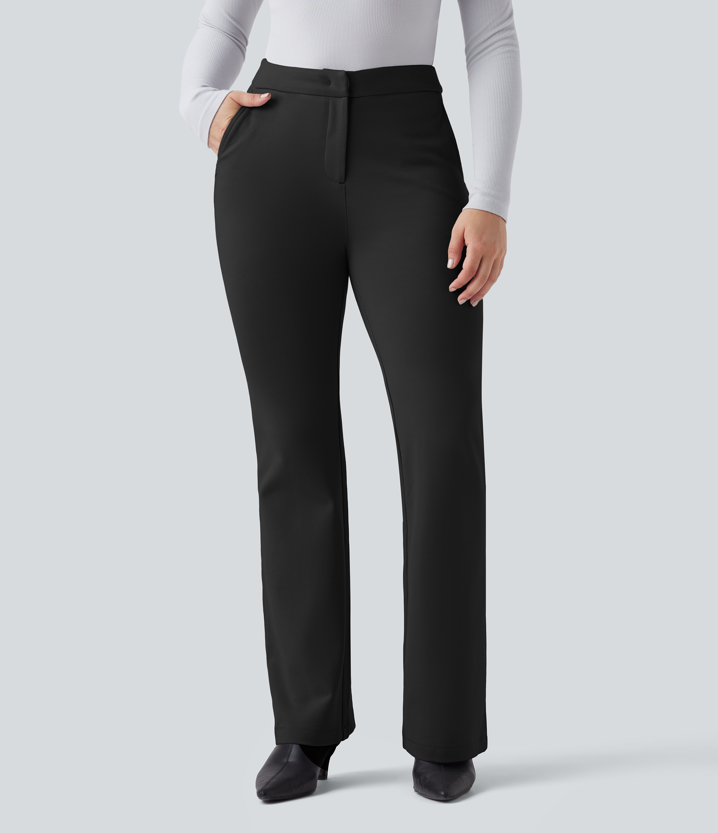 Negro Pantalones de trabajo de talle alto y pierna acampanada con bolsillos / 2