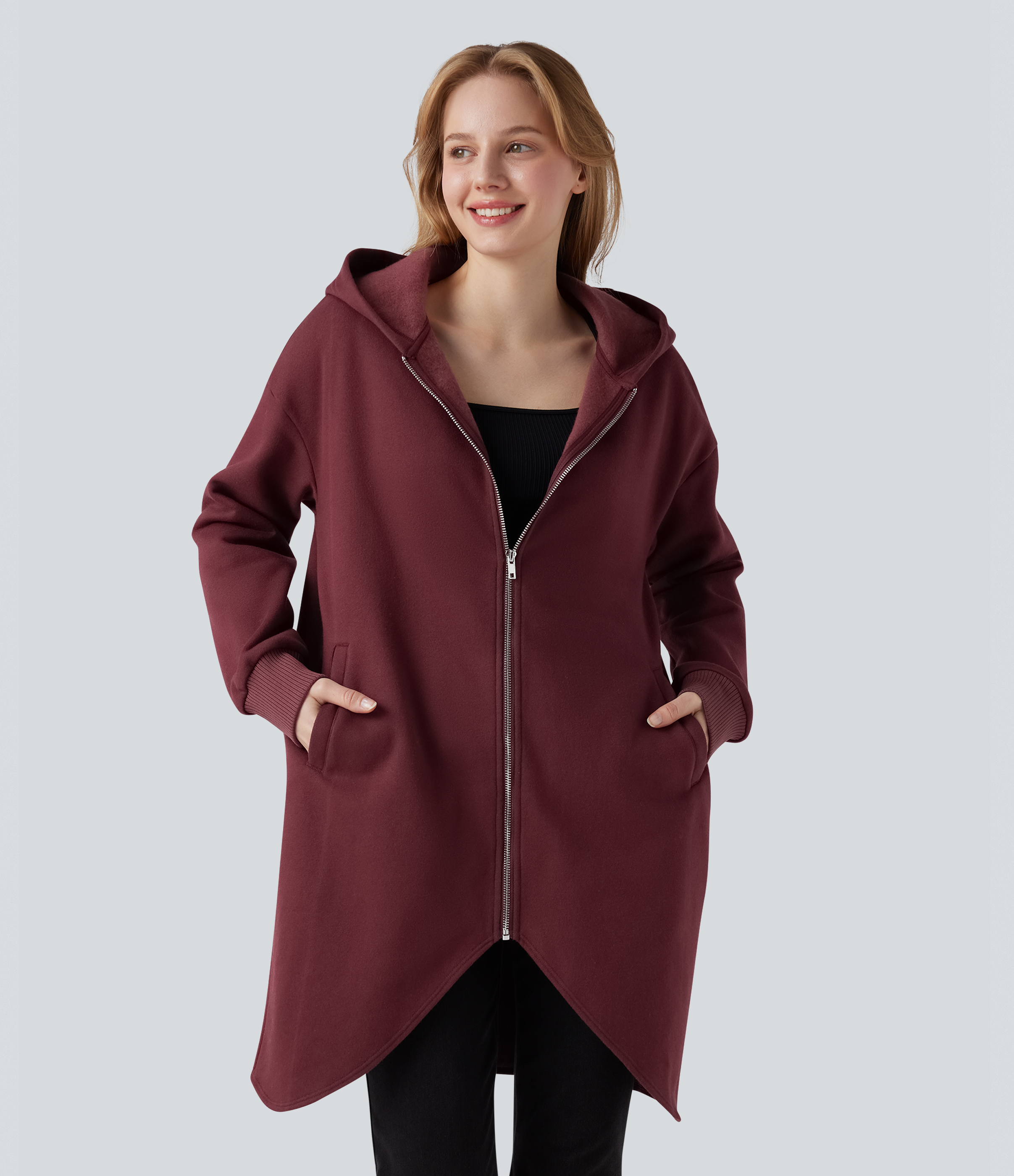 Hooded Zipper Long Sleeve Curved Hem Longline Casual Cotton Sweatshirt with Pockets