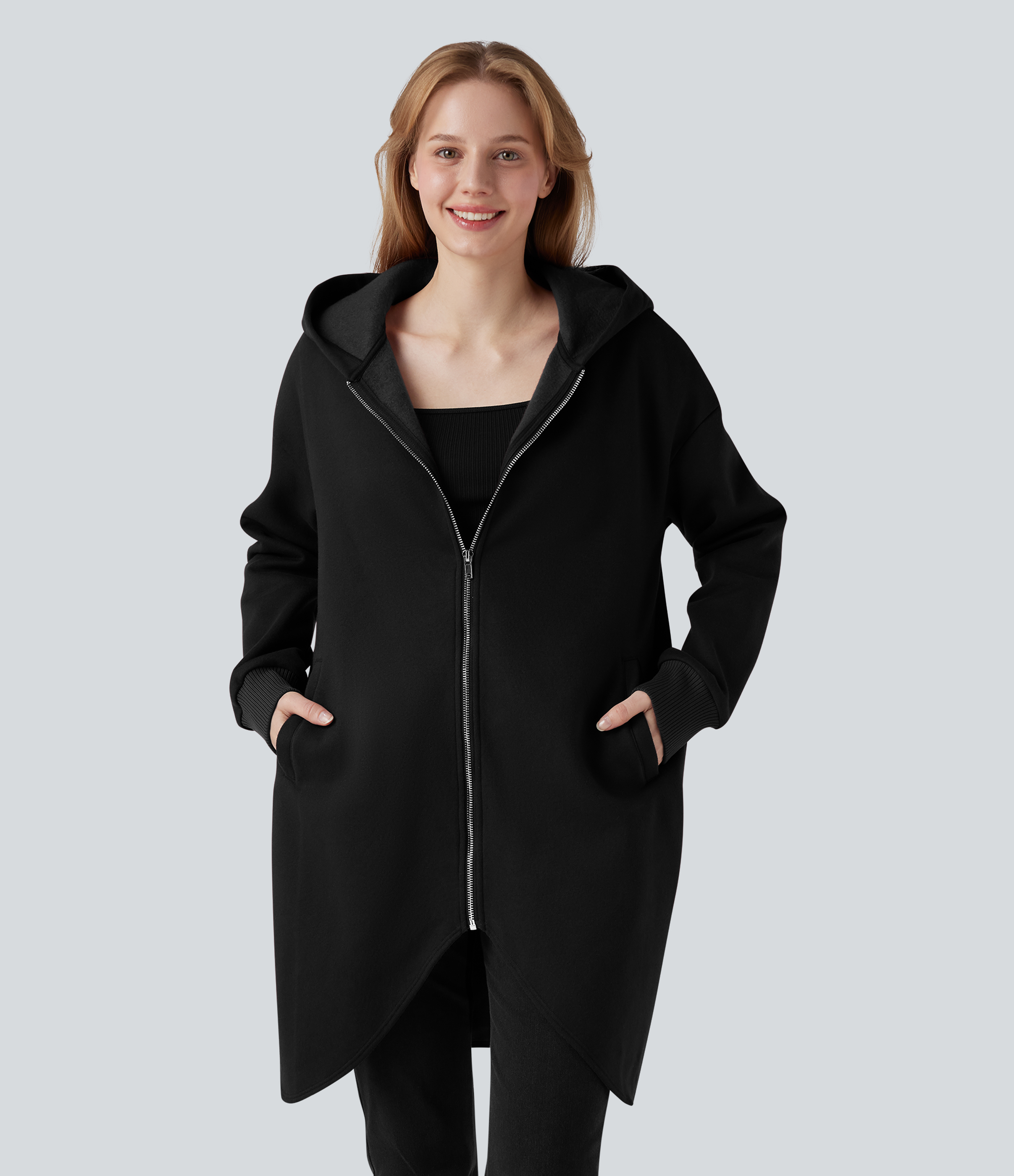 Hooded Zipper Long Sleeve Curved Hem Longline Casual Cotton Sweatshirt with Pockets