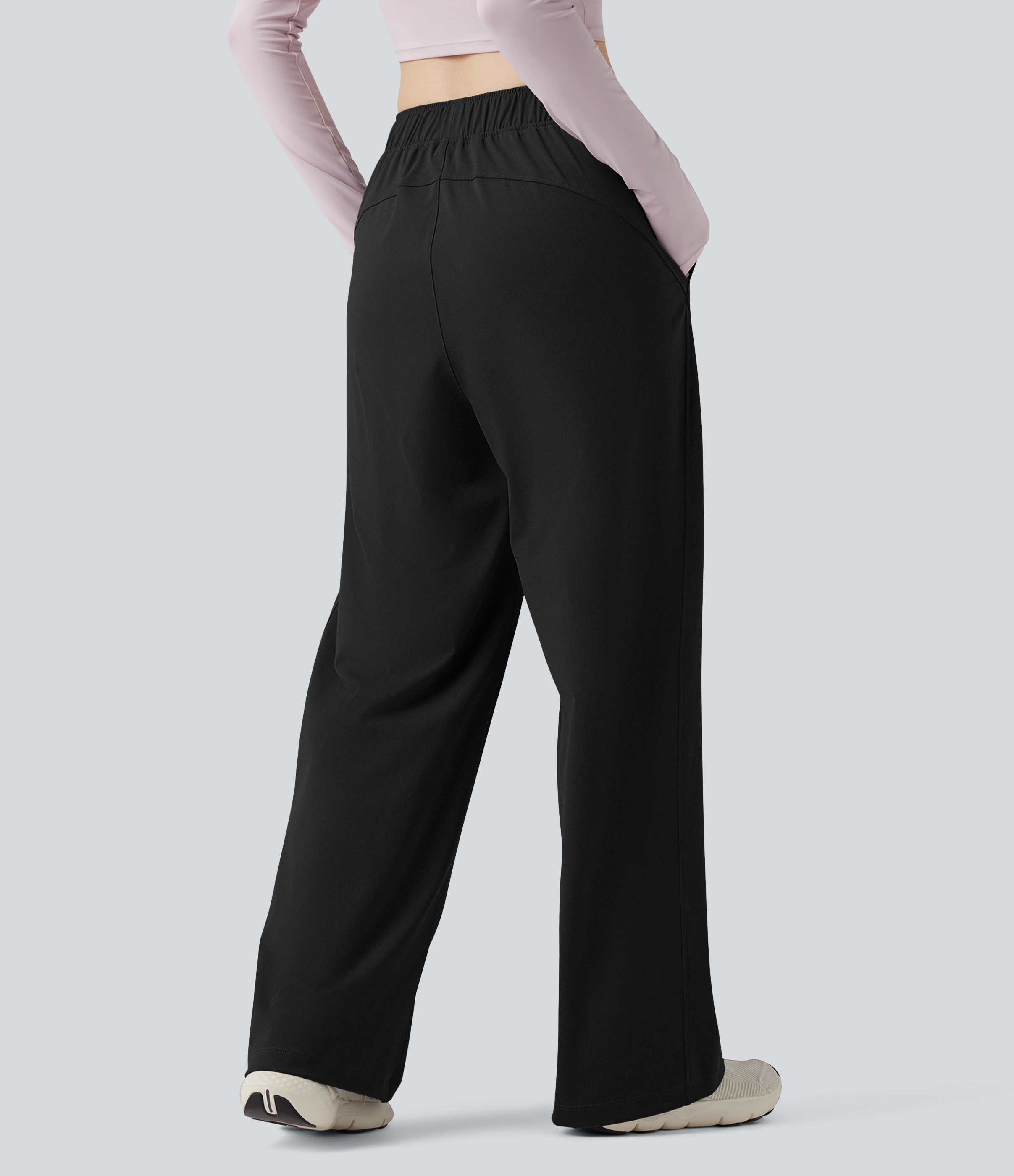 Noir Pantalon yoga large taille haute avec poches / 2