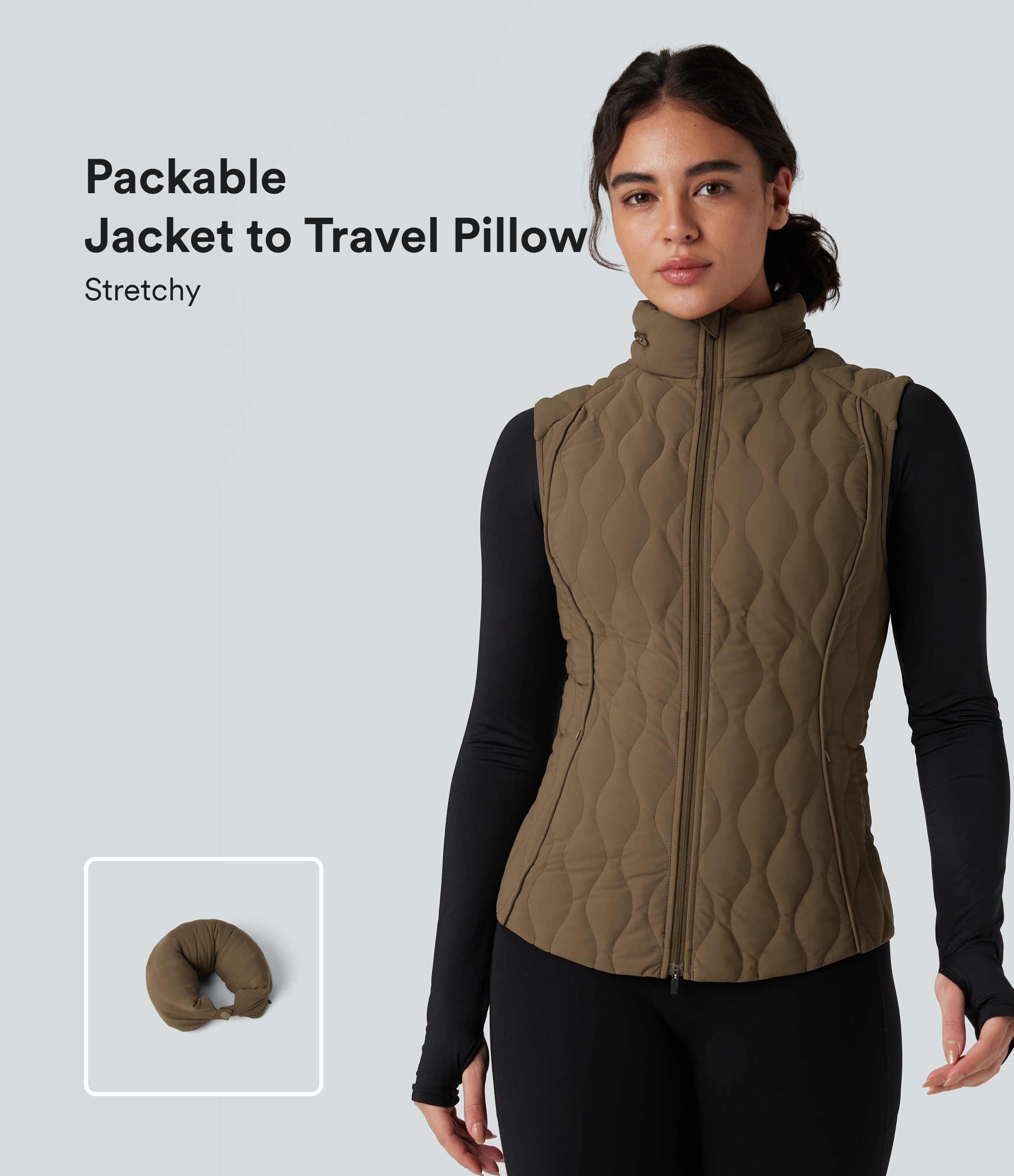 PuffFlex quilted running vest with stand-up collar, fold-down zip, and pockets