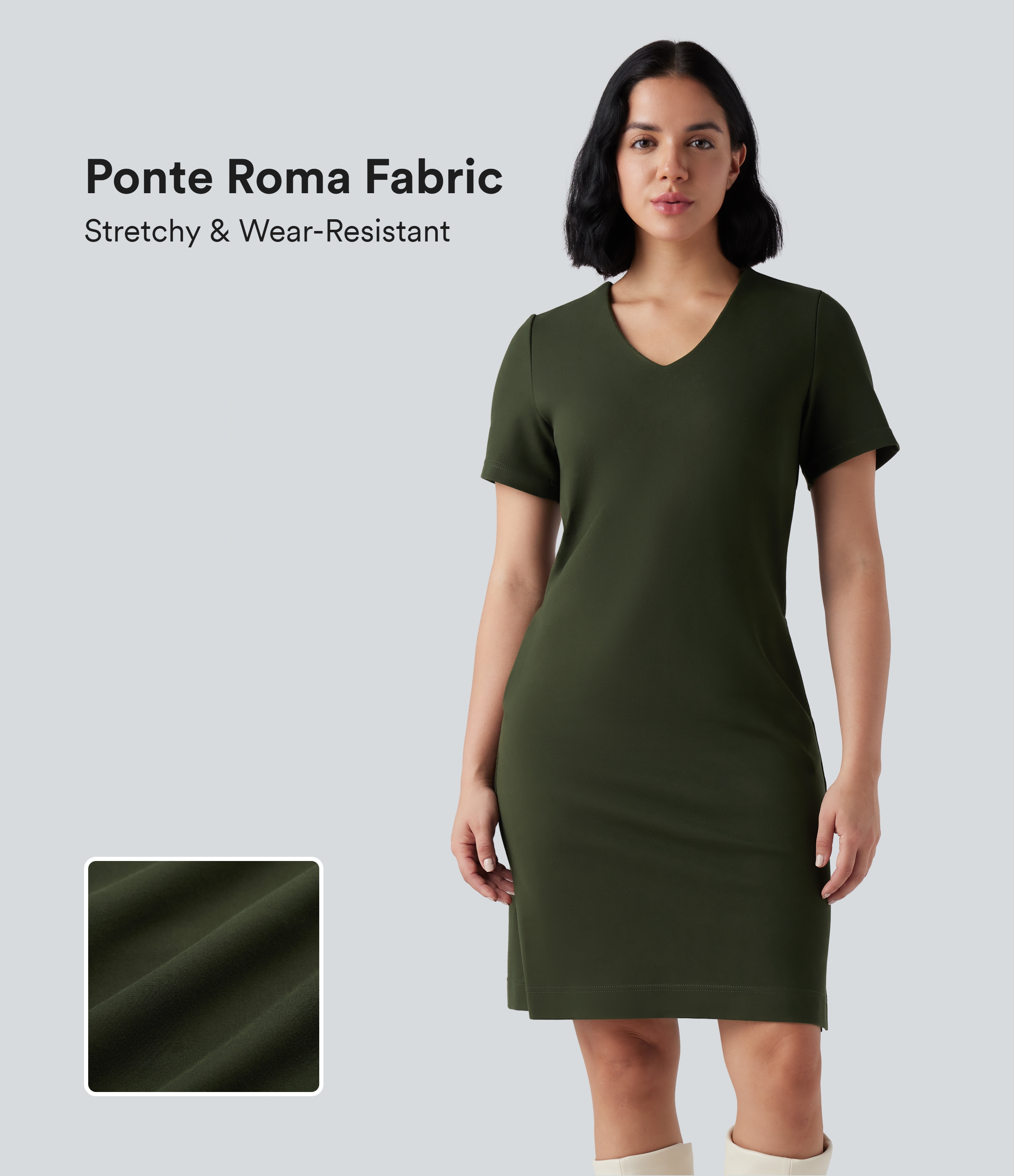V-neck zip-up work dress with short sleeves and slits in durable Ponte Roma fabric with pockets