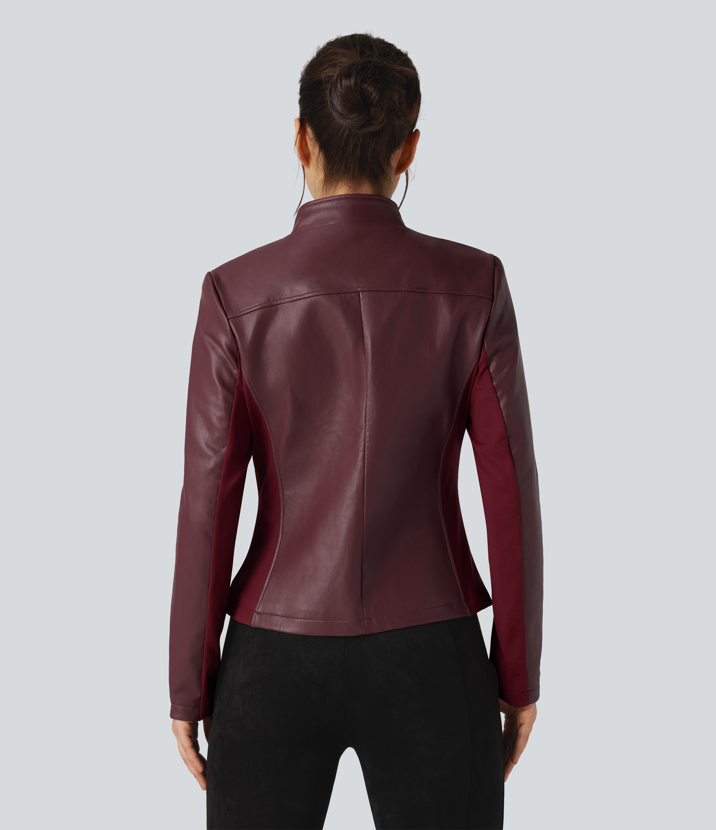 Red Mahogany Stand Collar Zipper Long Sleeve Fleece Casual PU Faux Leather Jacket with Pockets / 2