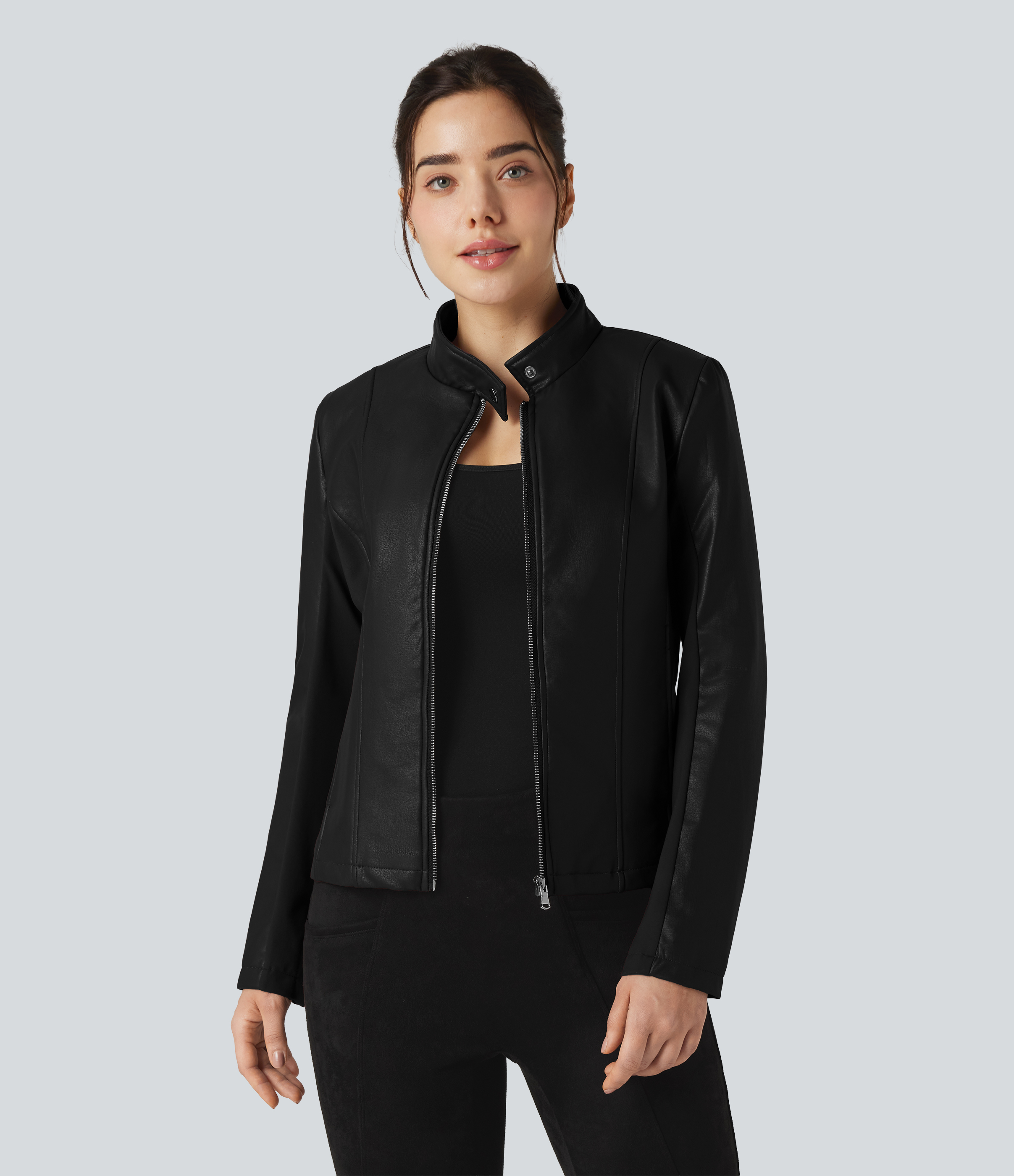 Stand Collar Zipper Long Sleeve Fleece Casual PU Faux Leather Jacket with Pockets