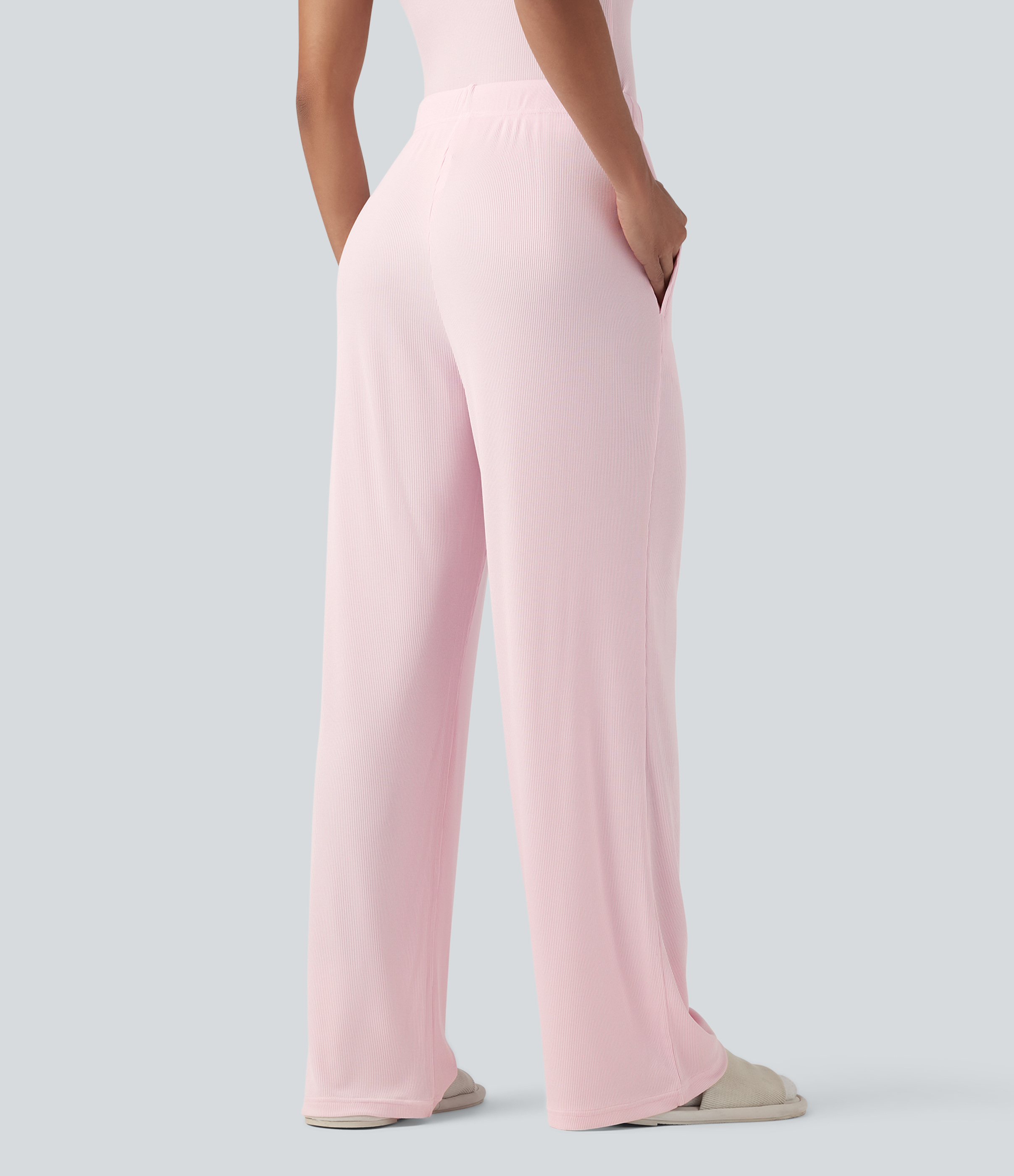 Carinaria Ribbed Knit Mid Rise Drawstring Lounge Pants with Pockets / 2