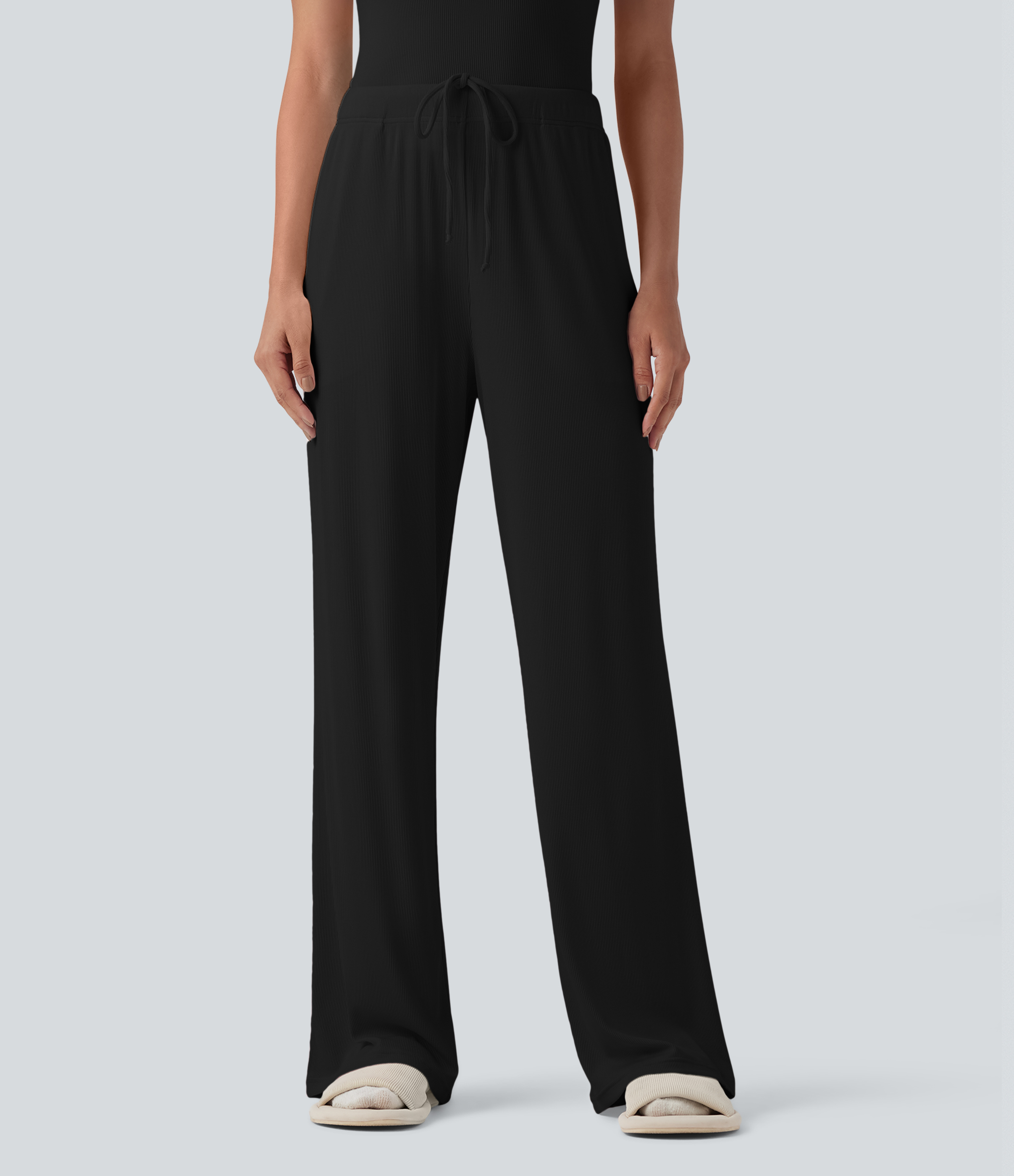 Ribbed Knit Mid Rise Drawstring Lounge Pants with Pockets