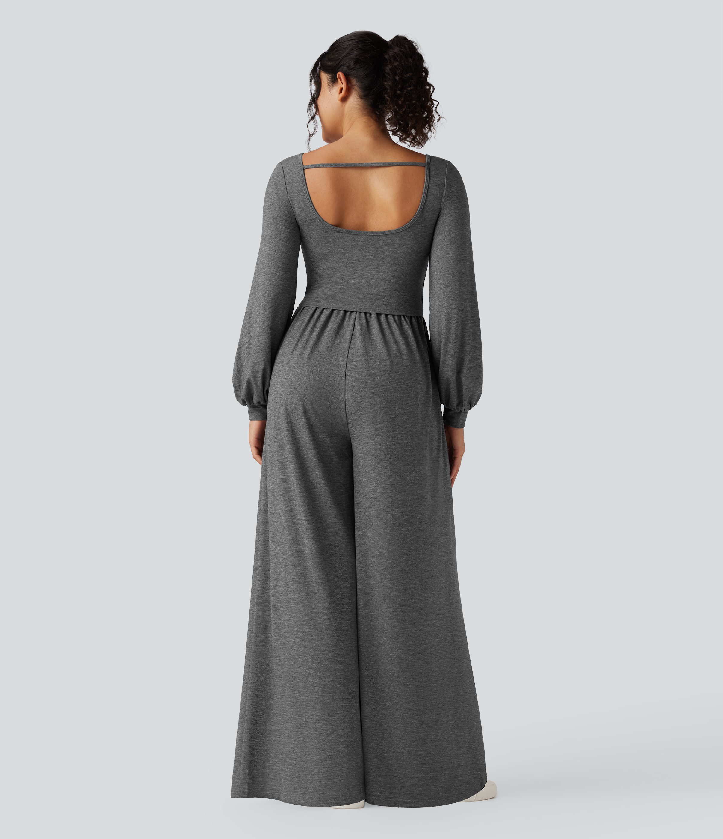 Scoop Neck Backless Long Sleeve Heathered Casual Wide Leg Jumpsuit with Pockets-Easy Peezy