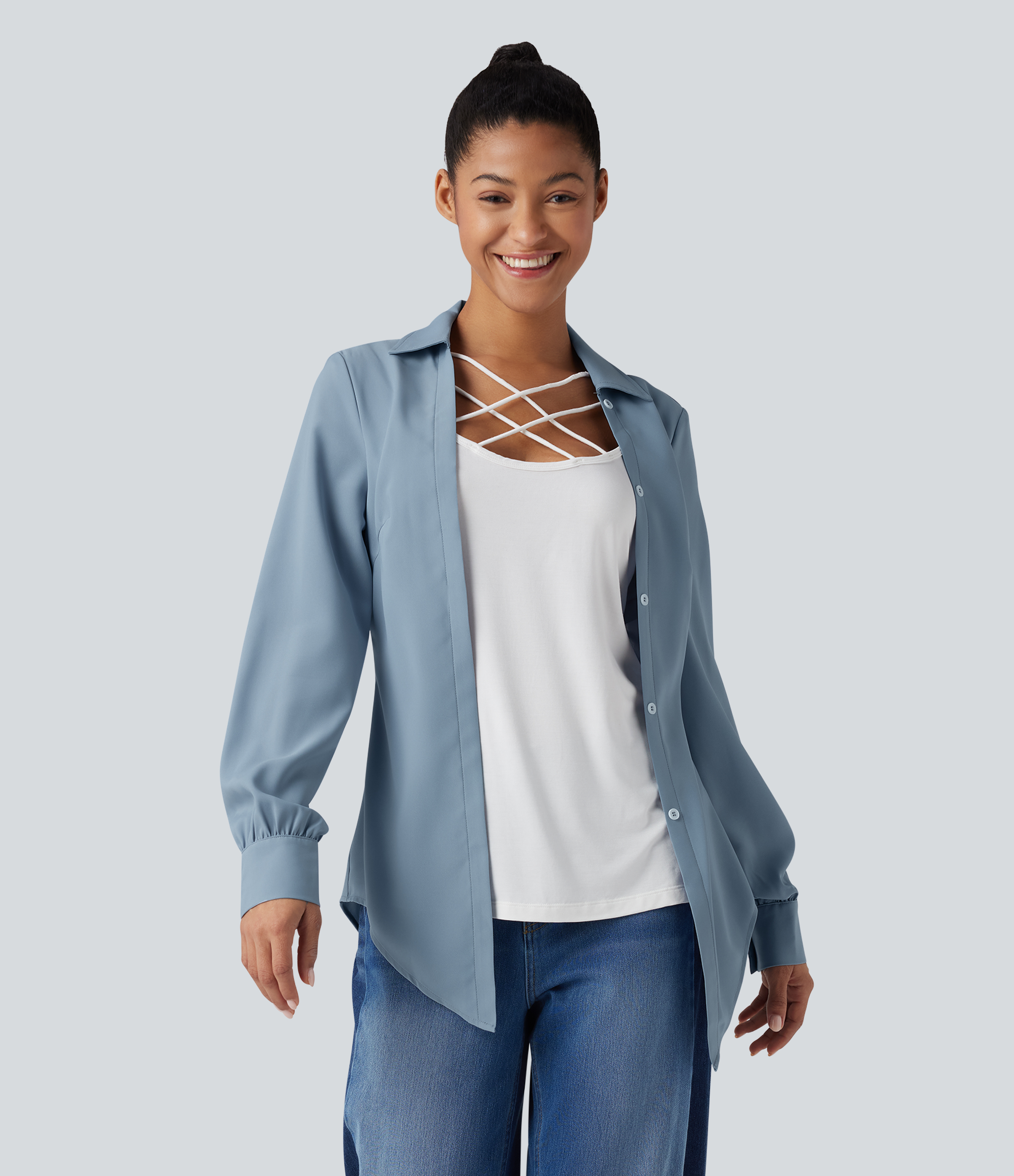 Wrinkle-resistant Collar Crisscross Curved Hem Color Block 2-in-1 Casual Shirt