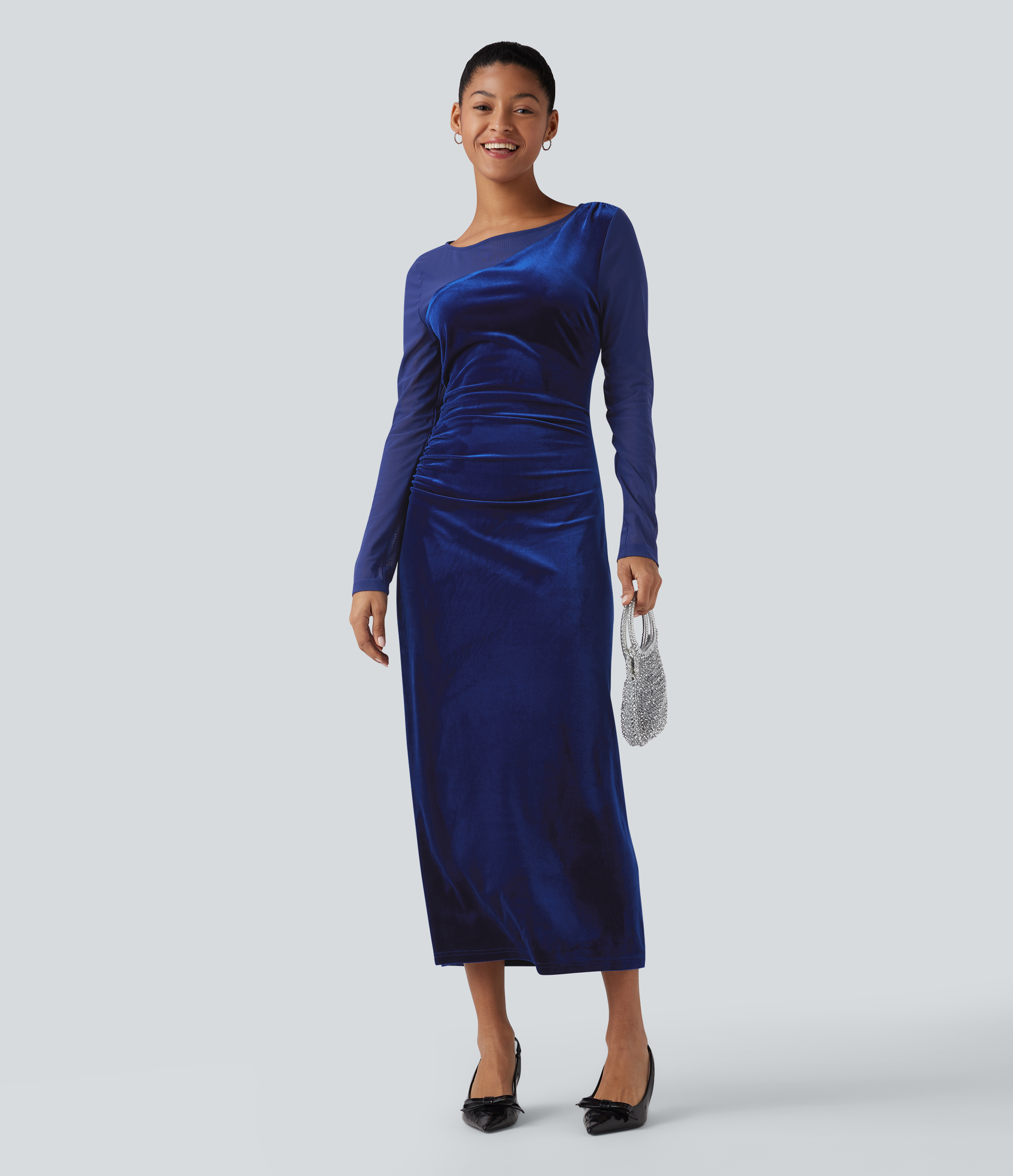 Robe de soirée midi en velours col rond à manches longues froncée avec mesh contrastant