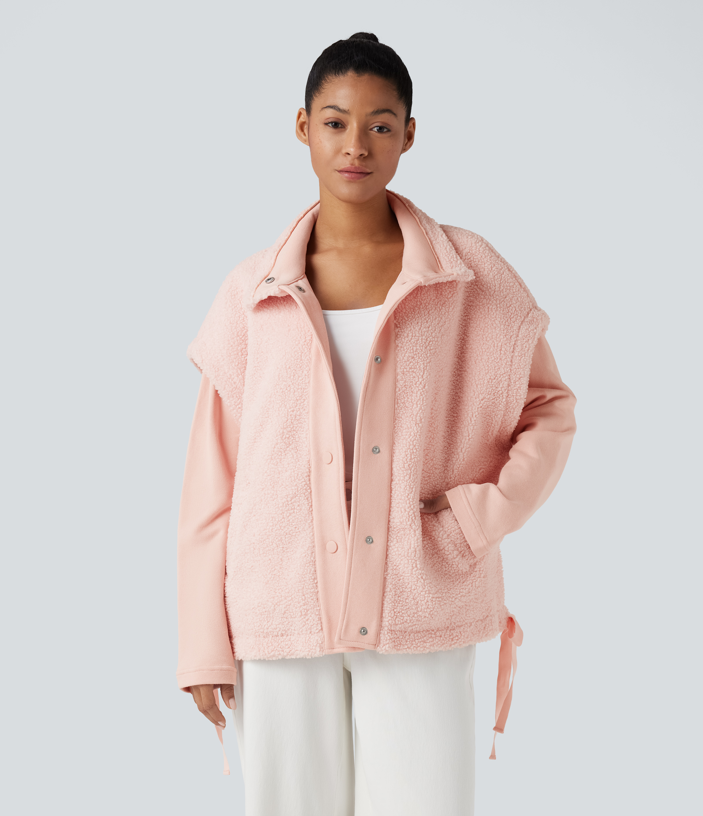 High-neck Knot 2-in-1 Casual Sherpa Jacket with Pockets