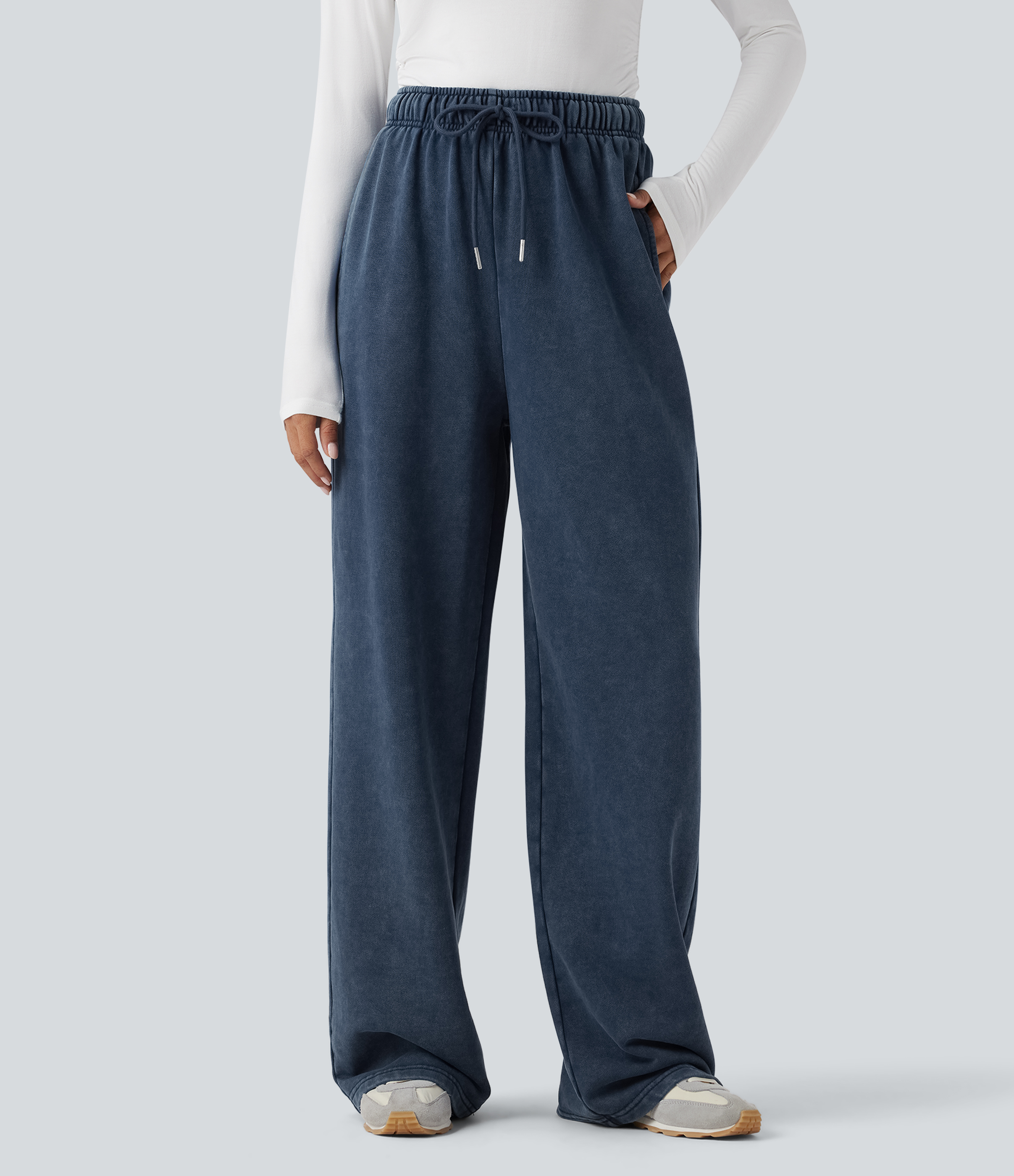 High Waisted Drawstring Washed French Terry Casual Cotton Pants with Pockets