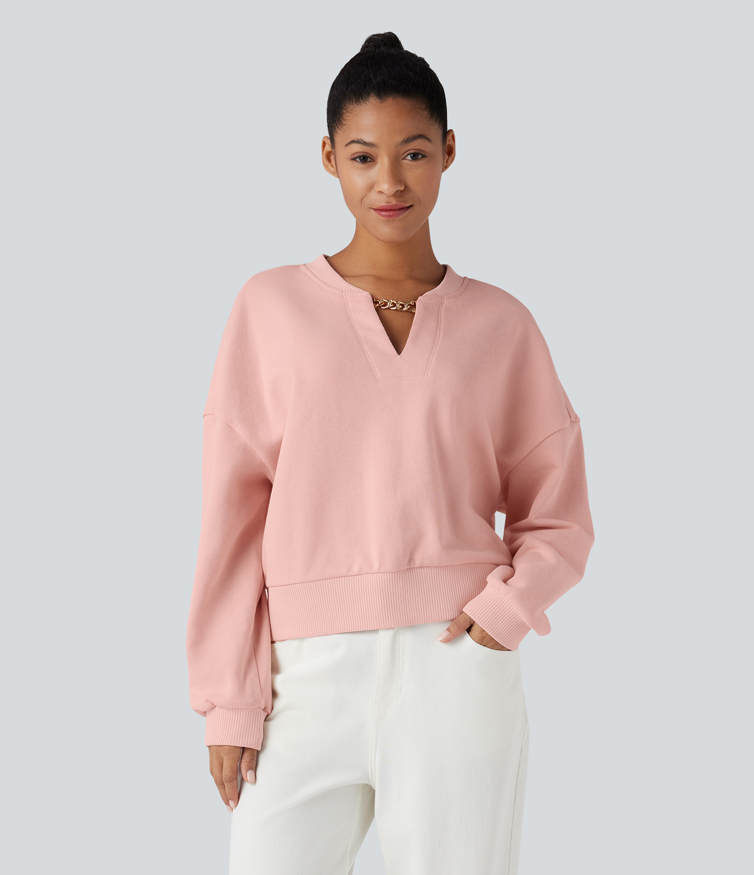 V-neck Chain Long Sleeve Casual Cotton Sweatshirt 