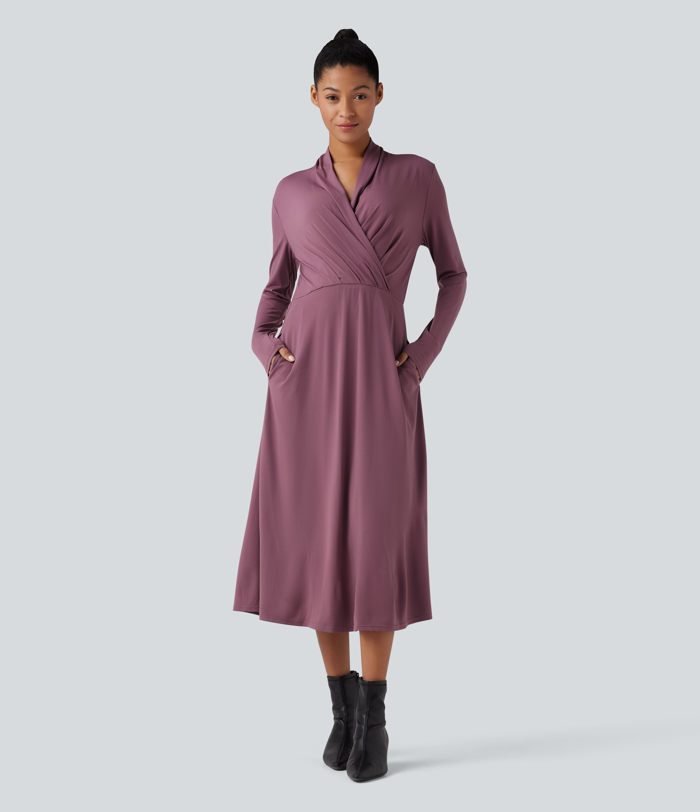 V-neck Long Sleeve Midi Work Dress with Pockets
