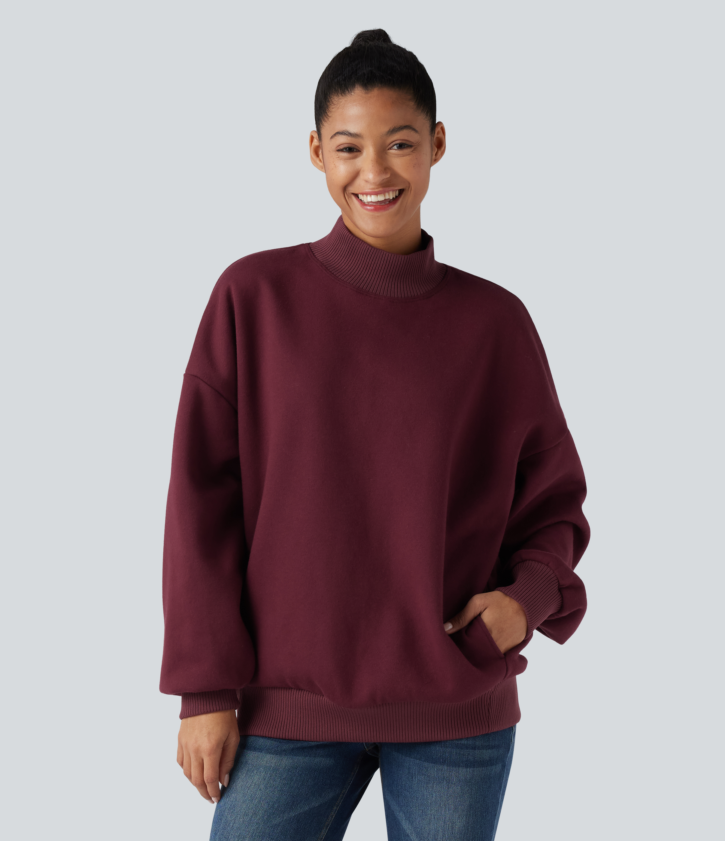 Mock-neck Fleece Relaxed Casual Cotton Sweatshirt with Pockets