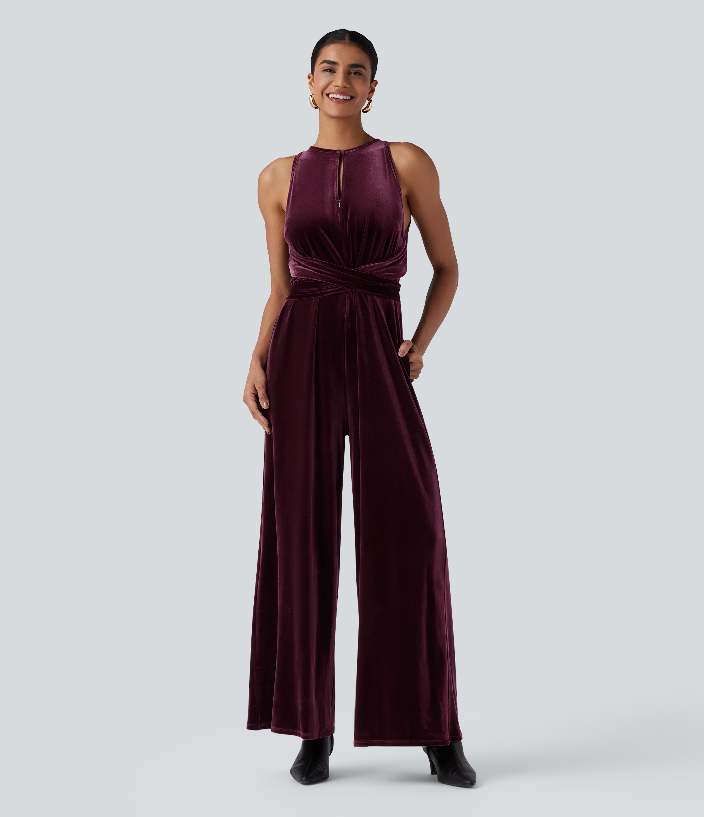 Round Neck Sleeveless Tie Back Velvet Party Jumpsuit with Pockets