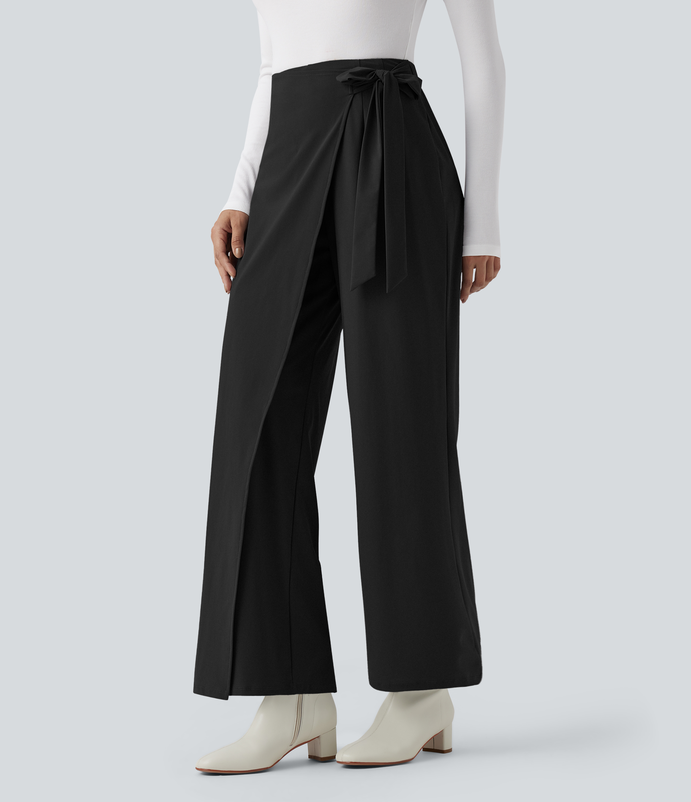 High Waisted Tie Side Quick Dry Work Wide Leg Pants