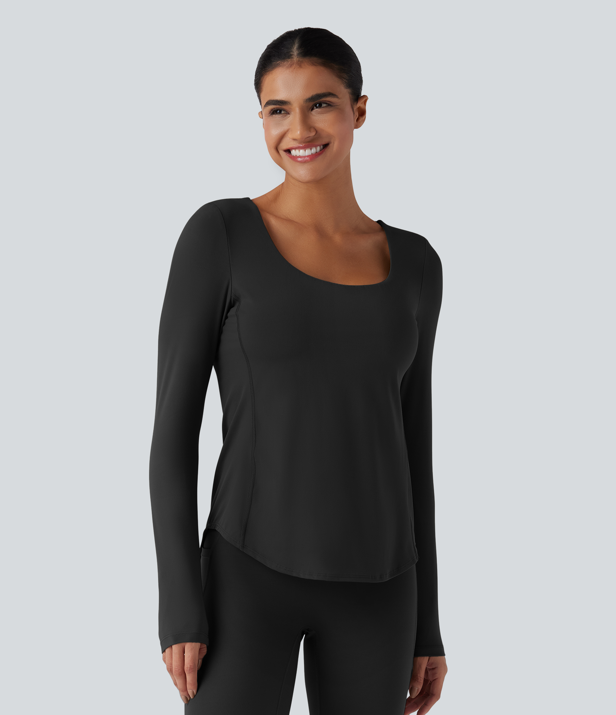 Black Halara UltraSculpt™ Crisscross Backless Long Sleeve Curved Hem Training Sports Top / 2