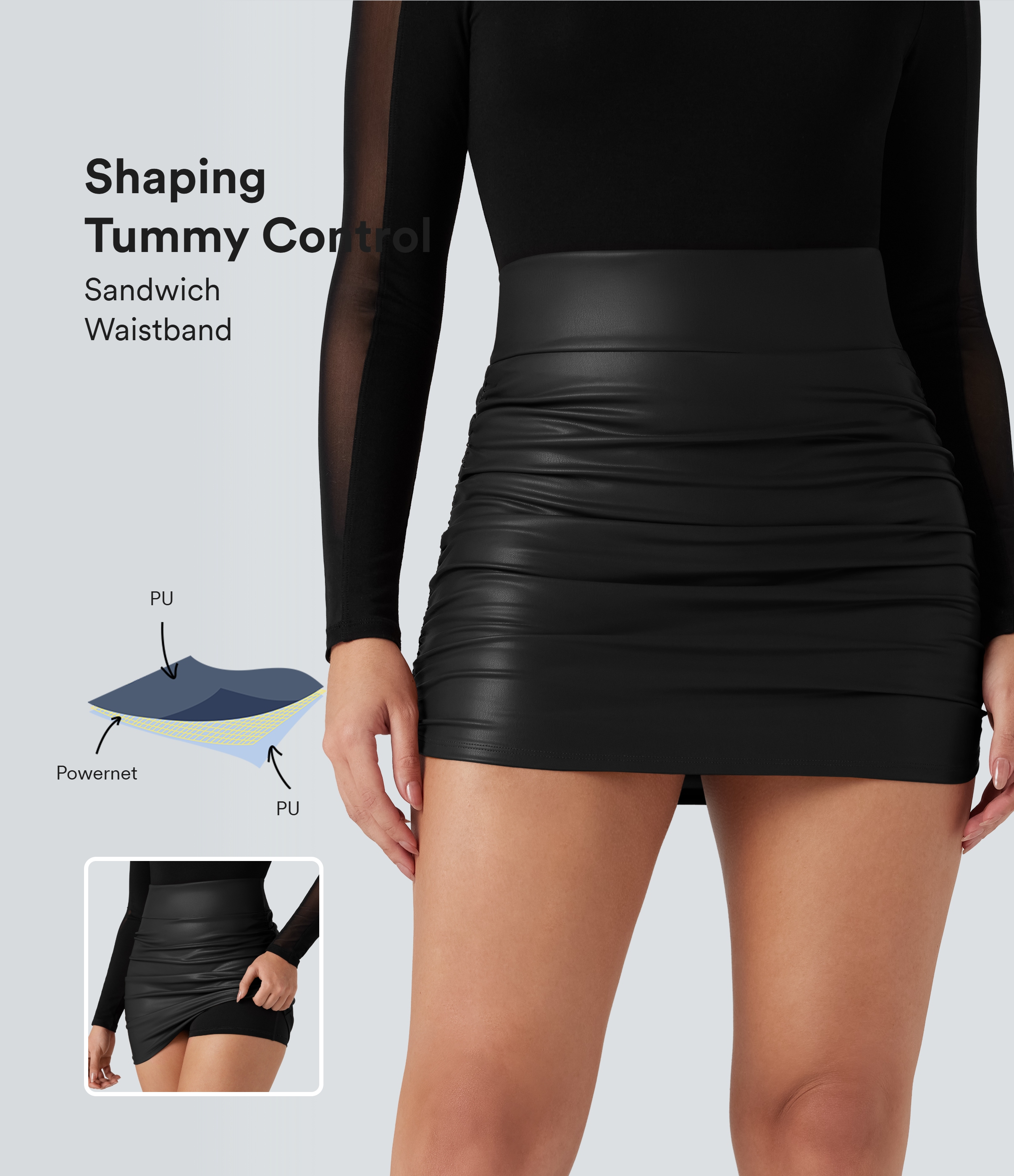 Women’s High Waisted Tummy Control Ruched Curved Hem 2-in-1 Fleece PU Mini Bodycon Skirt - Halara 