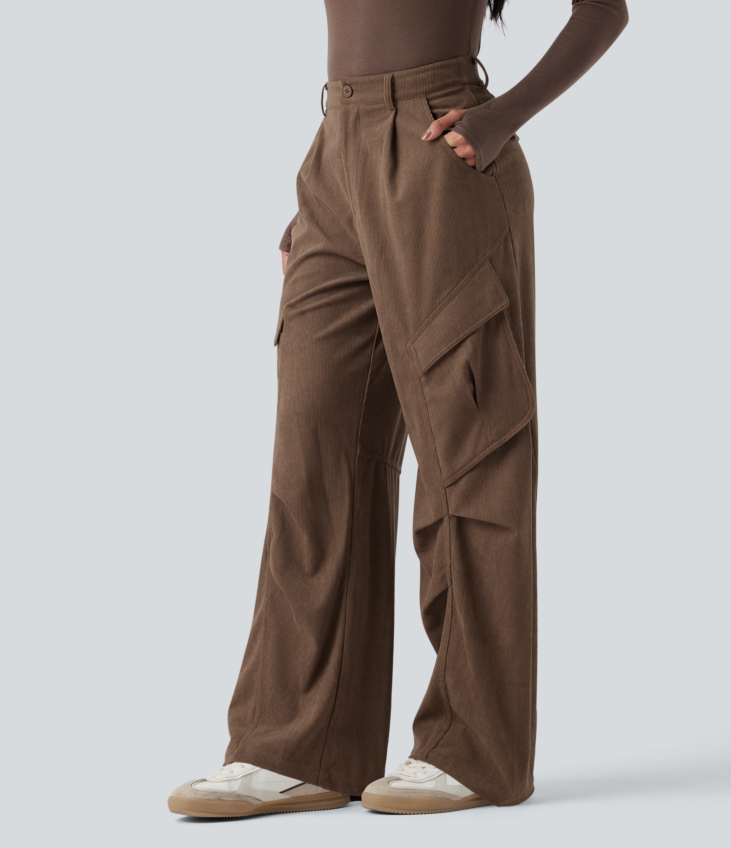 Mid Rise Corduroy Casual Cargo Pants with Pockets