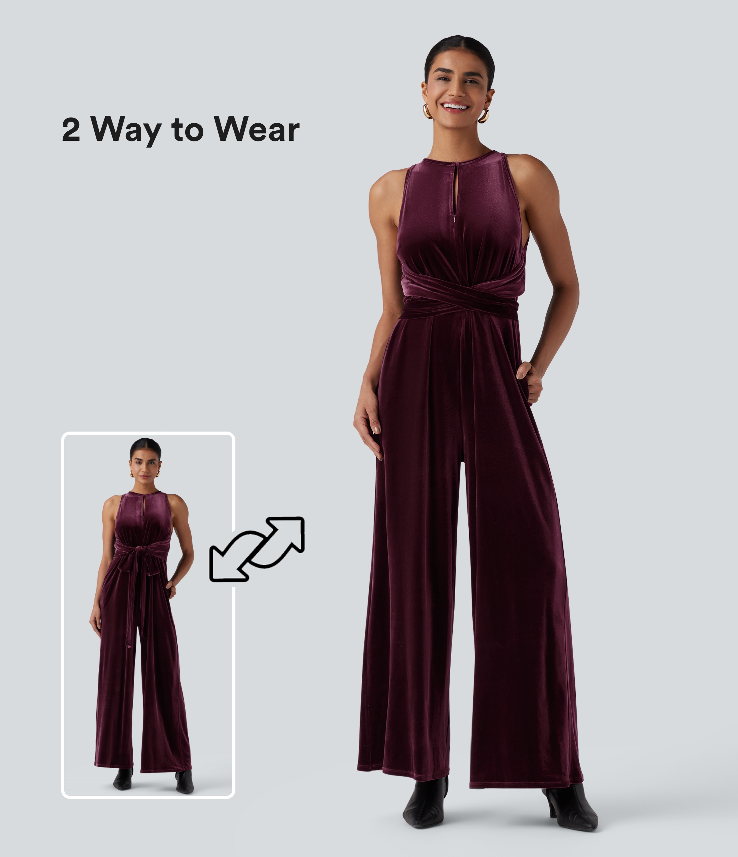 Ärmelloser Jumpsuit aus Samt mit Rundhalsausschnitt, Seitentaschen und Bindeband hinten