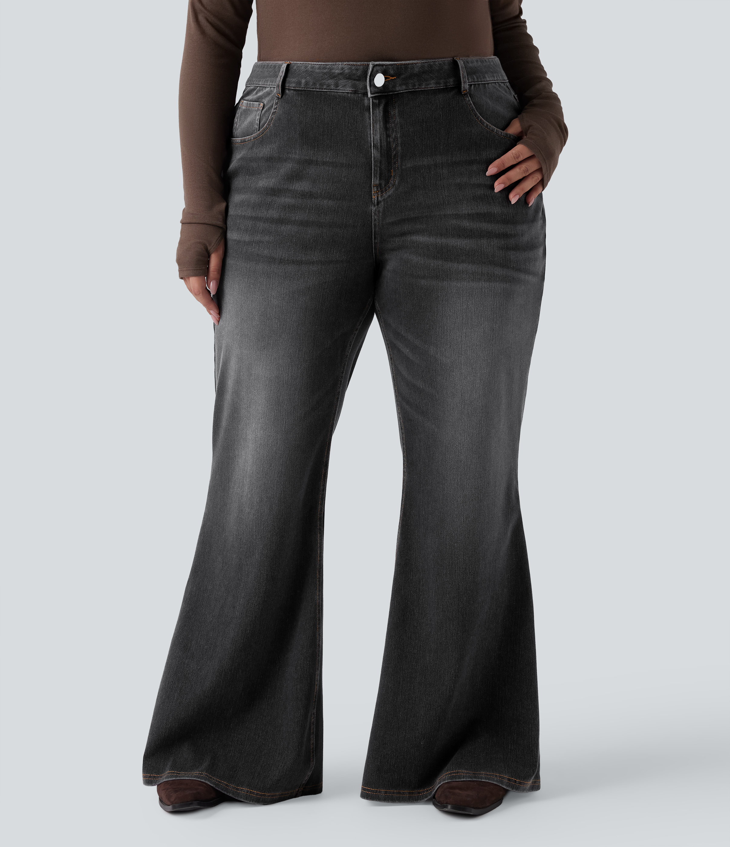 Halara Flex™ Low Rise Flare Washed Casual Plus Size Jeans with Pockets
