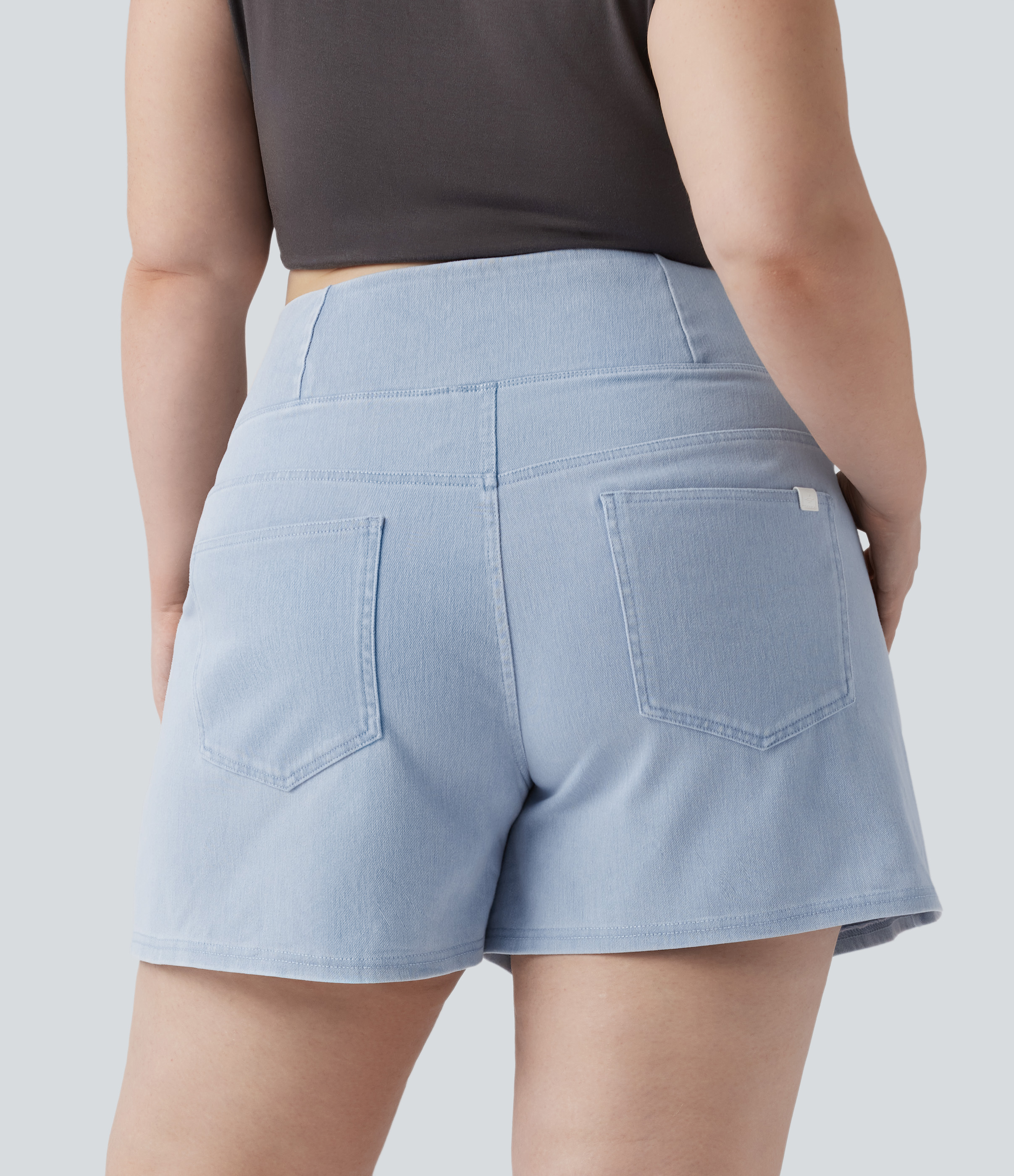 Washed Denim Sunny Blue Halara Flex™ Crossover High Waisted Pockets Wide Leg A Line Washed Denim Casual Plus Size Shorts / 2