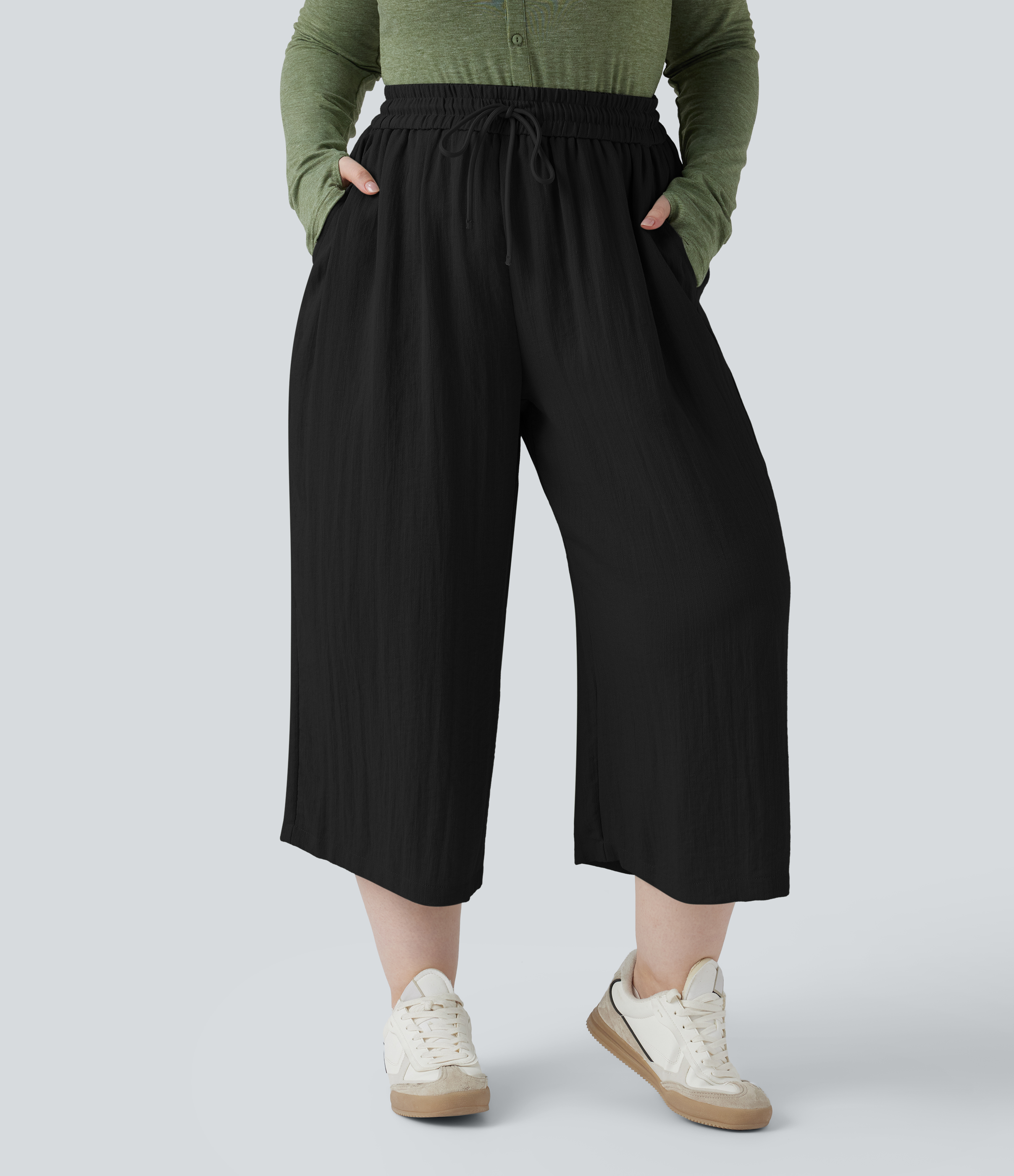 Lässige, verkürzte Hose in Leinenoptik mit hohem Bund, Seitentaschen, Kordelzug und weitem Bein - Plus-Size