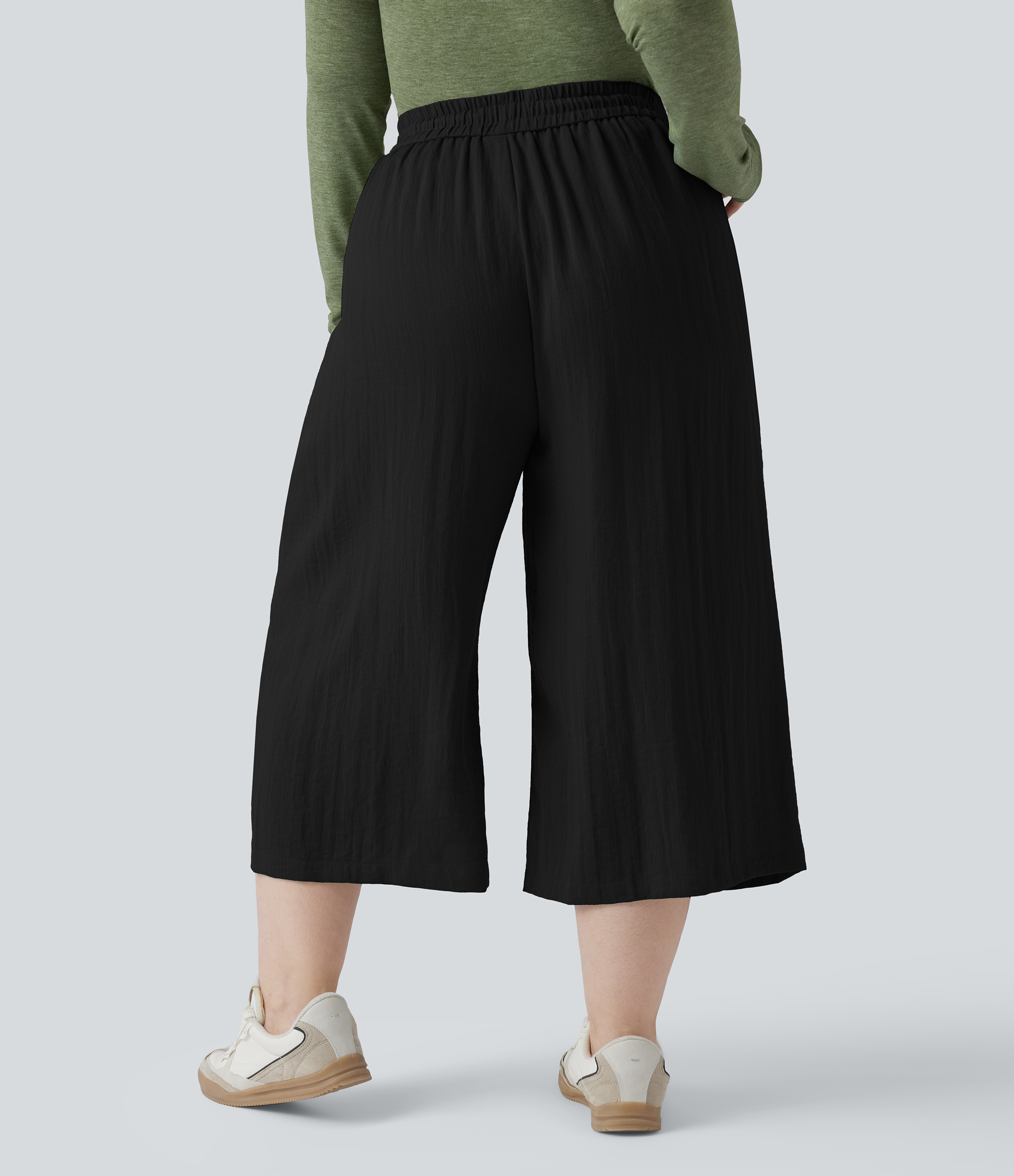 Black High Waisted Drawstring Wide Leg Cropped Casual Linen-Feel Plus Size Trousers with Pockets / 2
