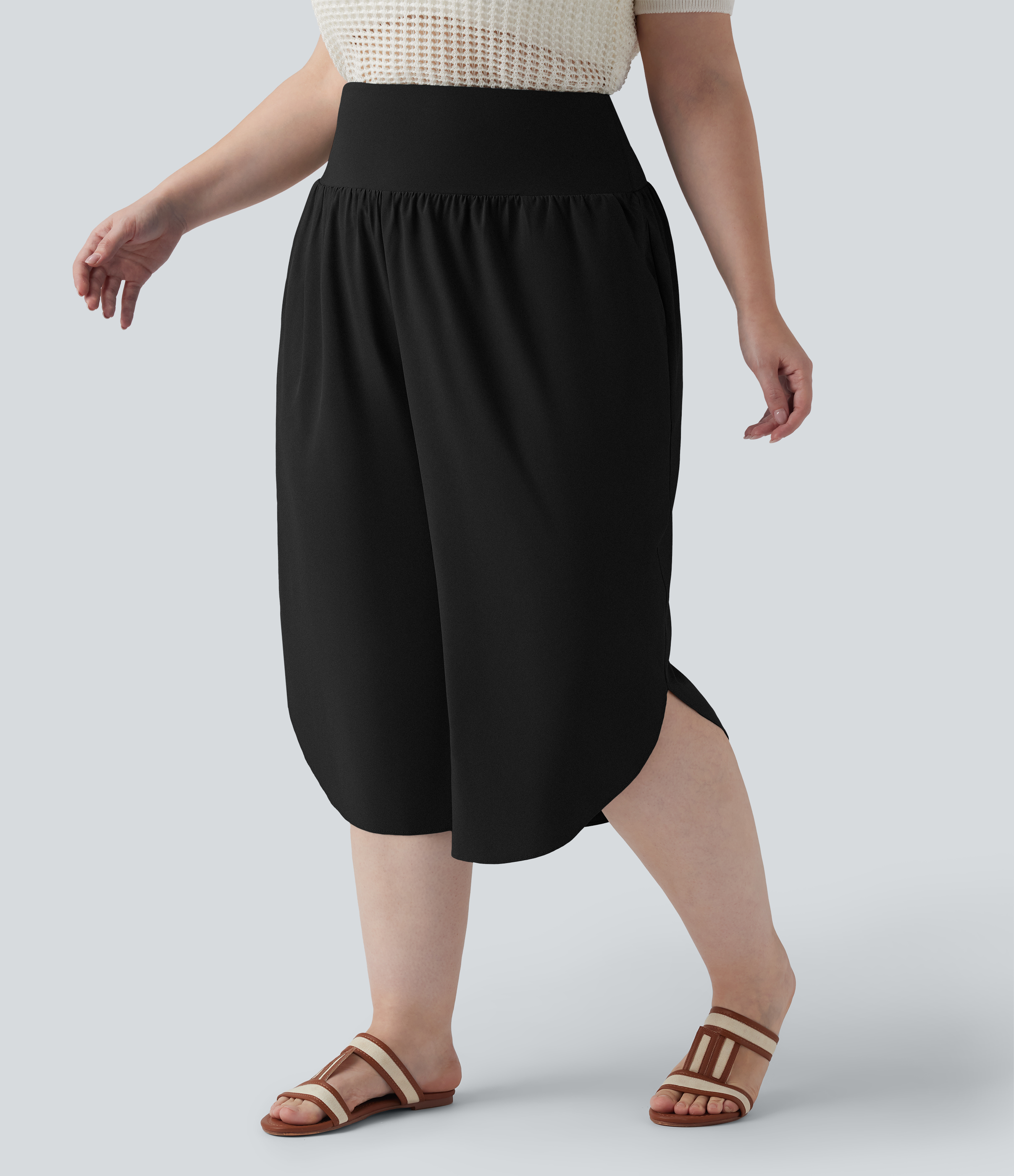Breezeful™ High Waisted Tummy Control Curved Hem Quick Dry Resort Capri Plus Size Pants with Pockets