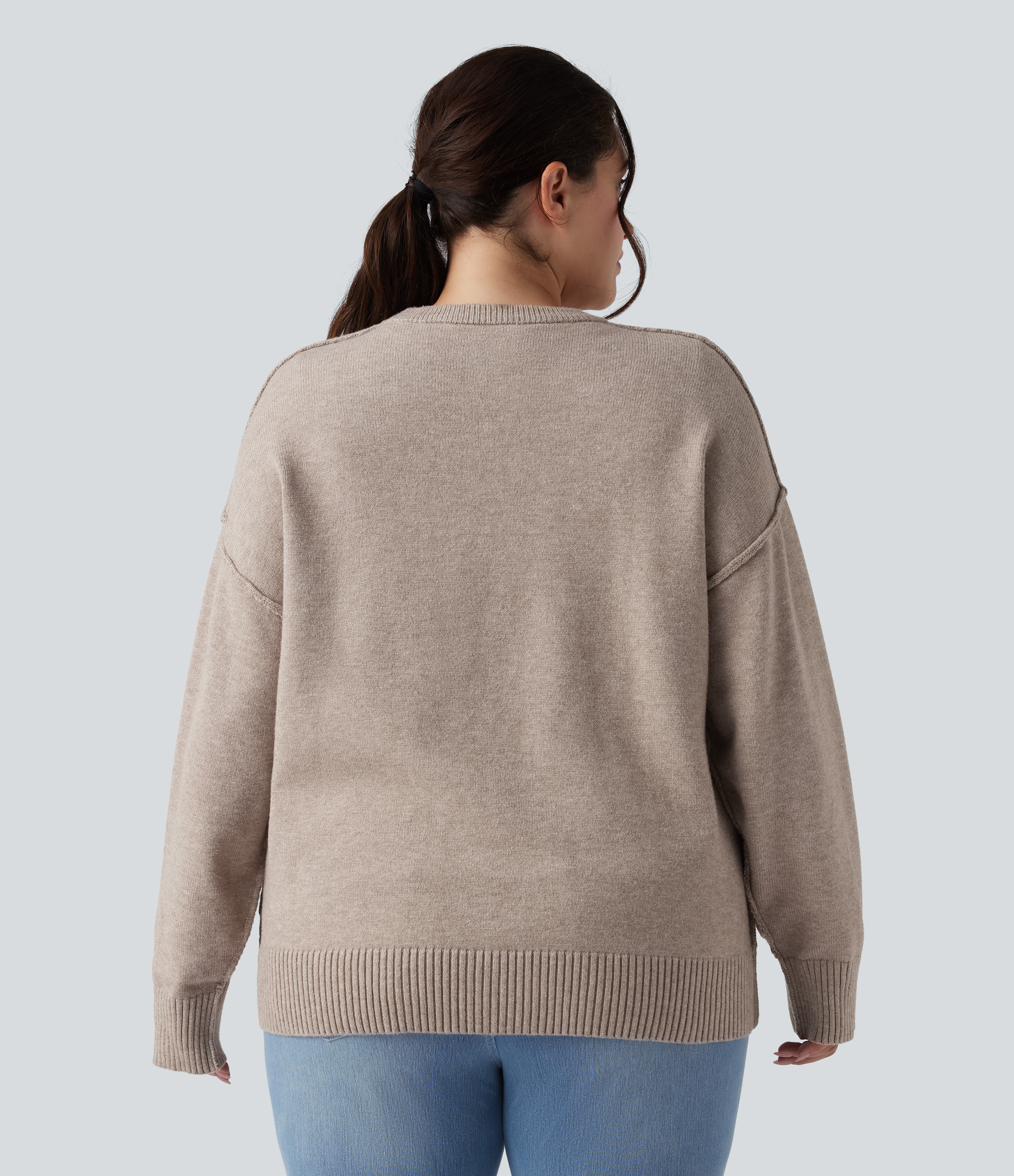 Doeskin Round Neck Dropped Shoulder Long Sleeve Casual Plus Size Sweater / 2