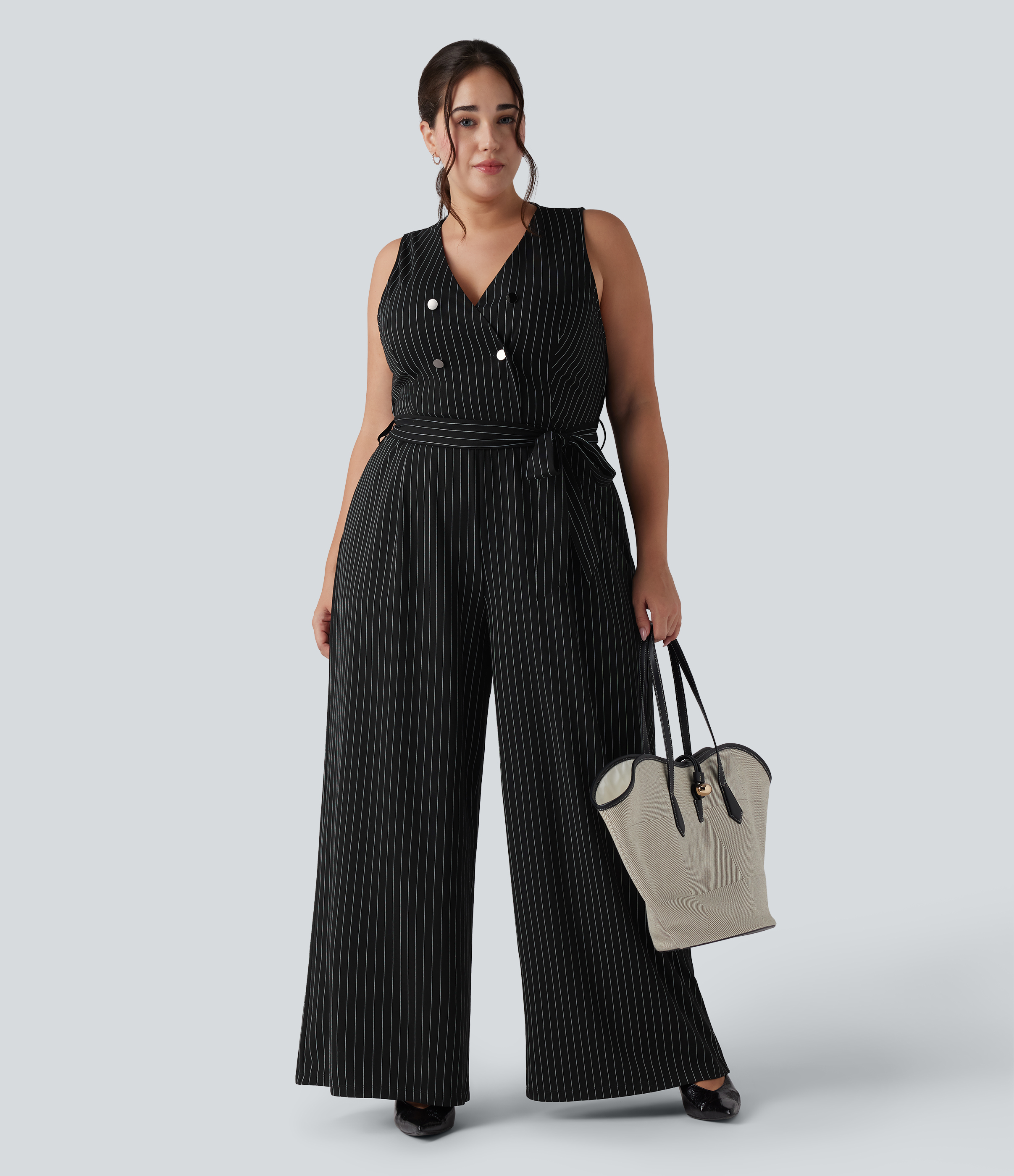 V Neck Sleeveless Belted Stripe InstantCool Work Plus Size Jumpsuit with Pockets-Easy Peezy