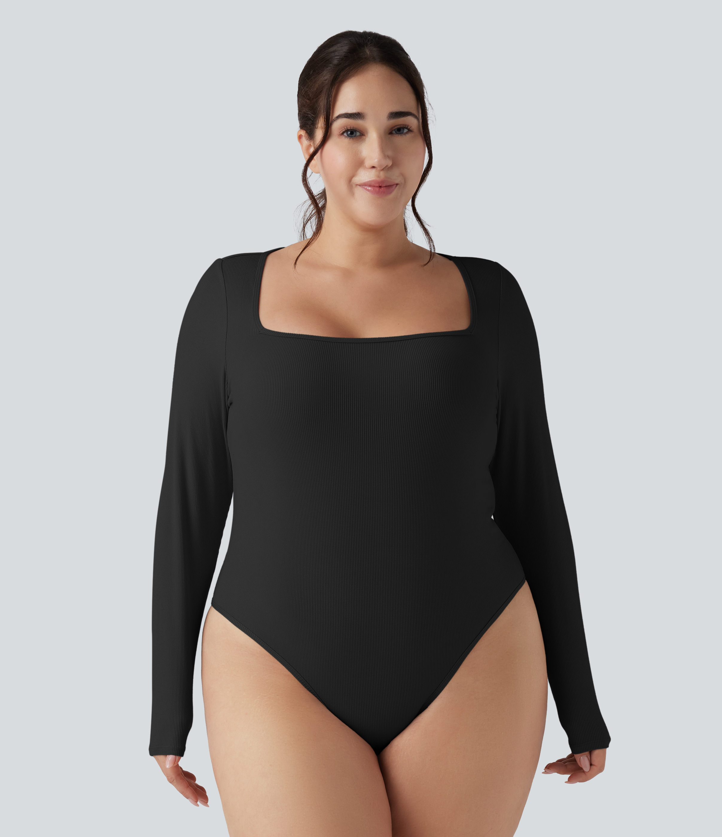 Ribbed Knit Square Neck Long Sleeve Skinny Casual Plus Size Bodysuit