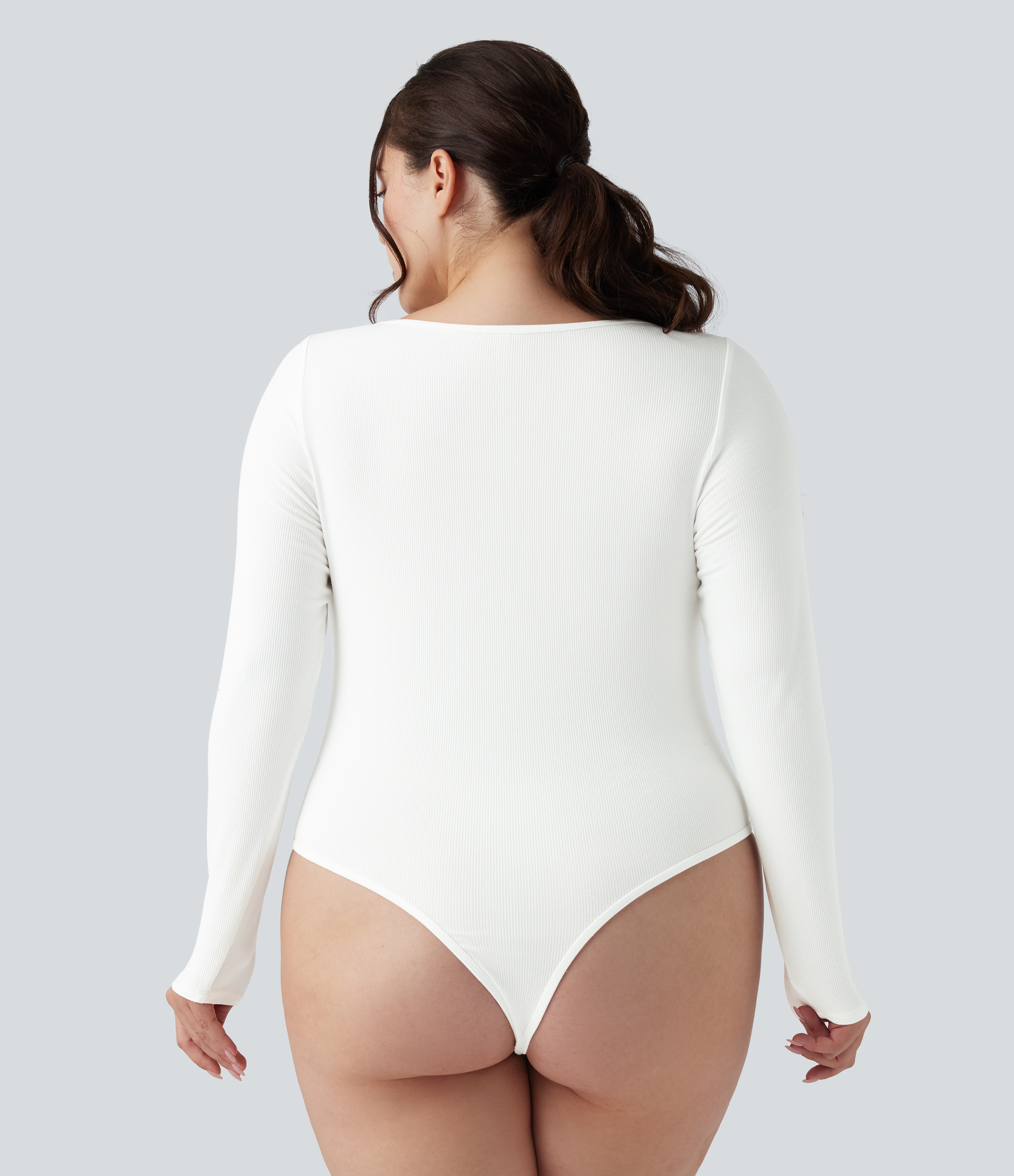 White Ribbed Knit Square Neck Long Sleeve Skinny Casual Plus Size Bodysuit / 2