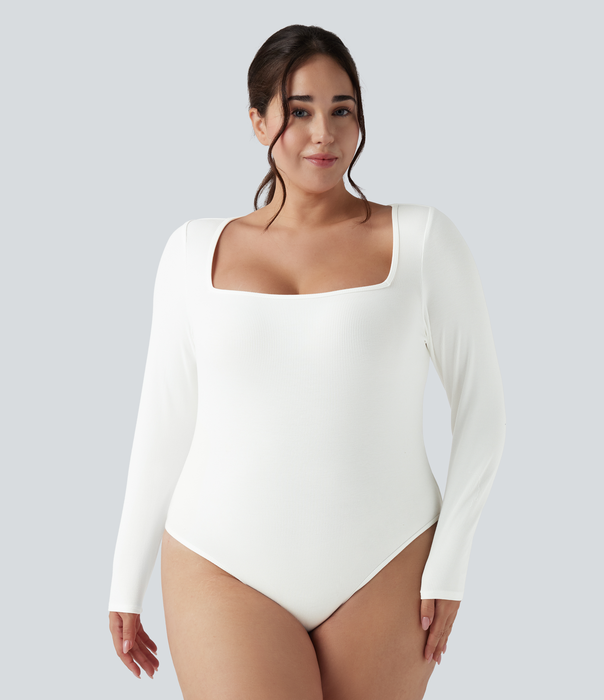 Gerippter Strickbody mit eckigem Ausschnitt, langen Ärmeln, figurbetonter Passform und lässiger Passform in Übergrößen