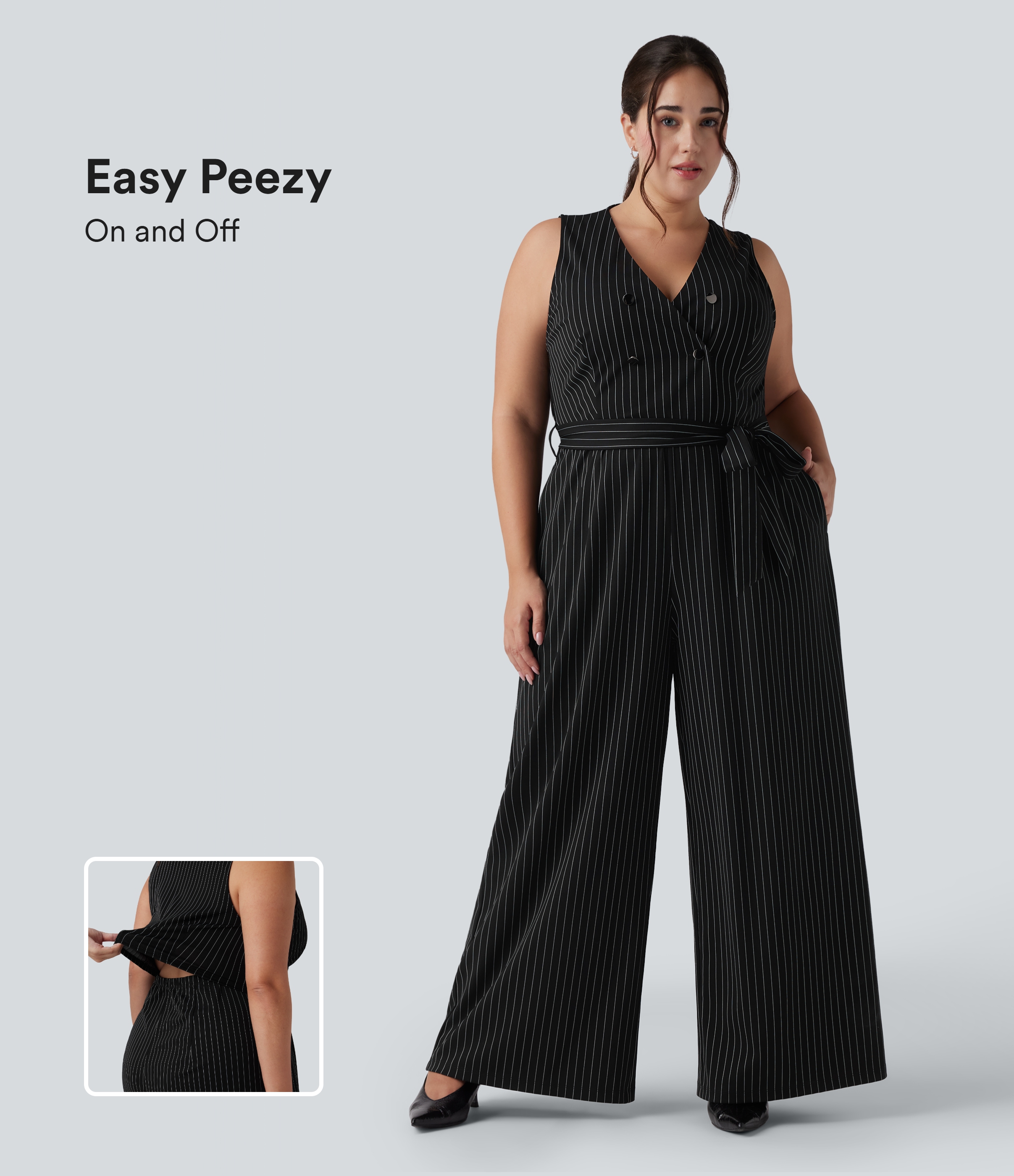 Combinaison grande taille col V sans manches ceinturée à rayures toucher frais avec poches - Easy Peasy