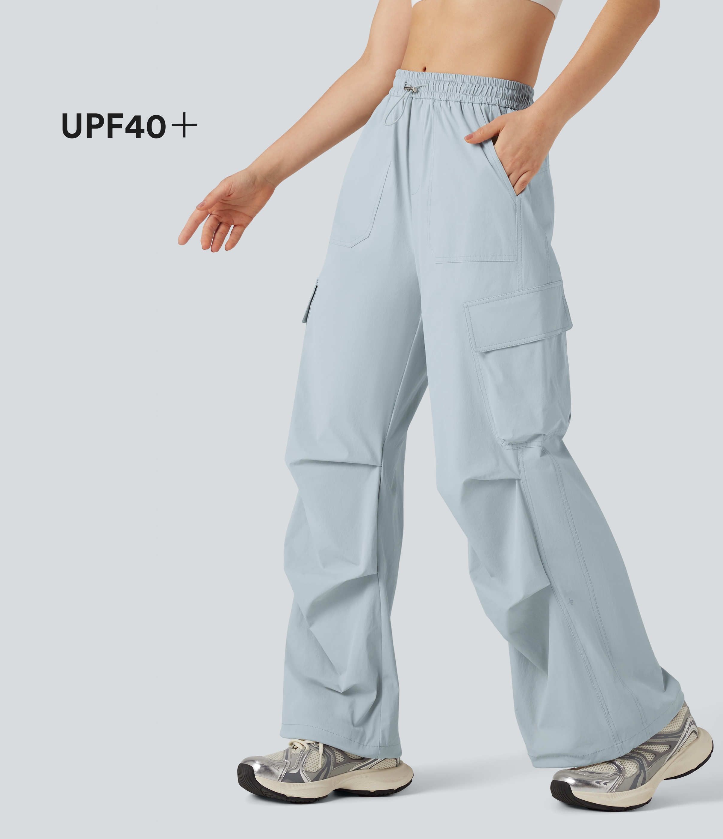 Mid Rise Drawstring Hiking Straight Leg Cargo Pants with Pockets-UPF40+