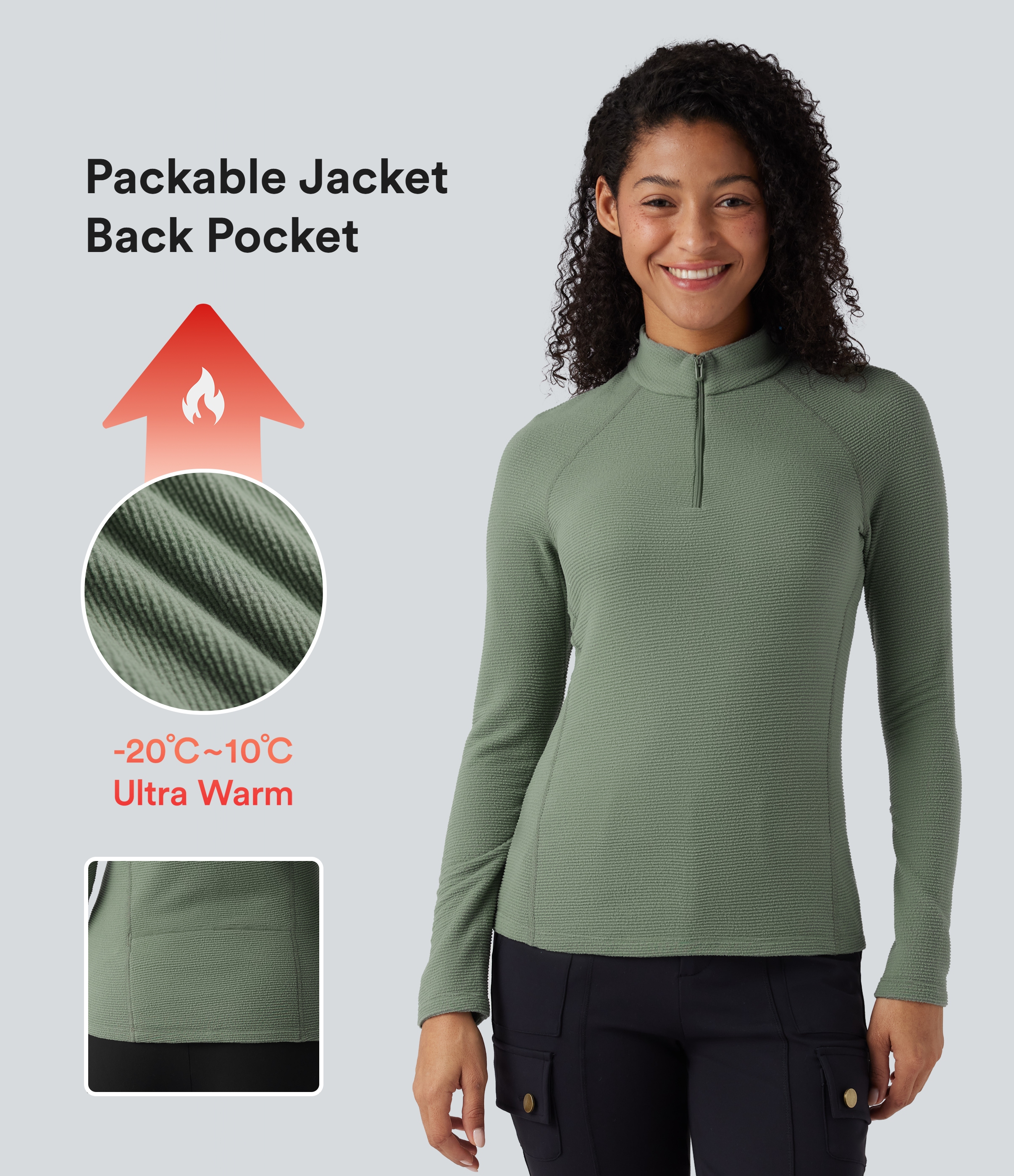 Packable Half Zip Long Sleeve Fleece Casual Sports Top with Pocket