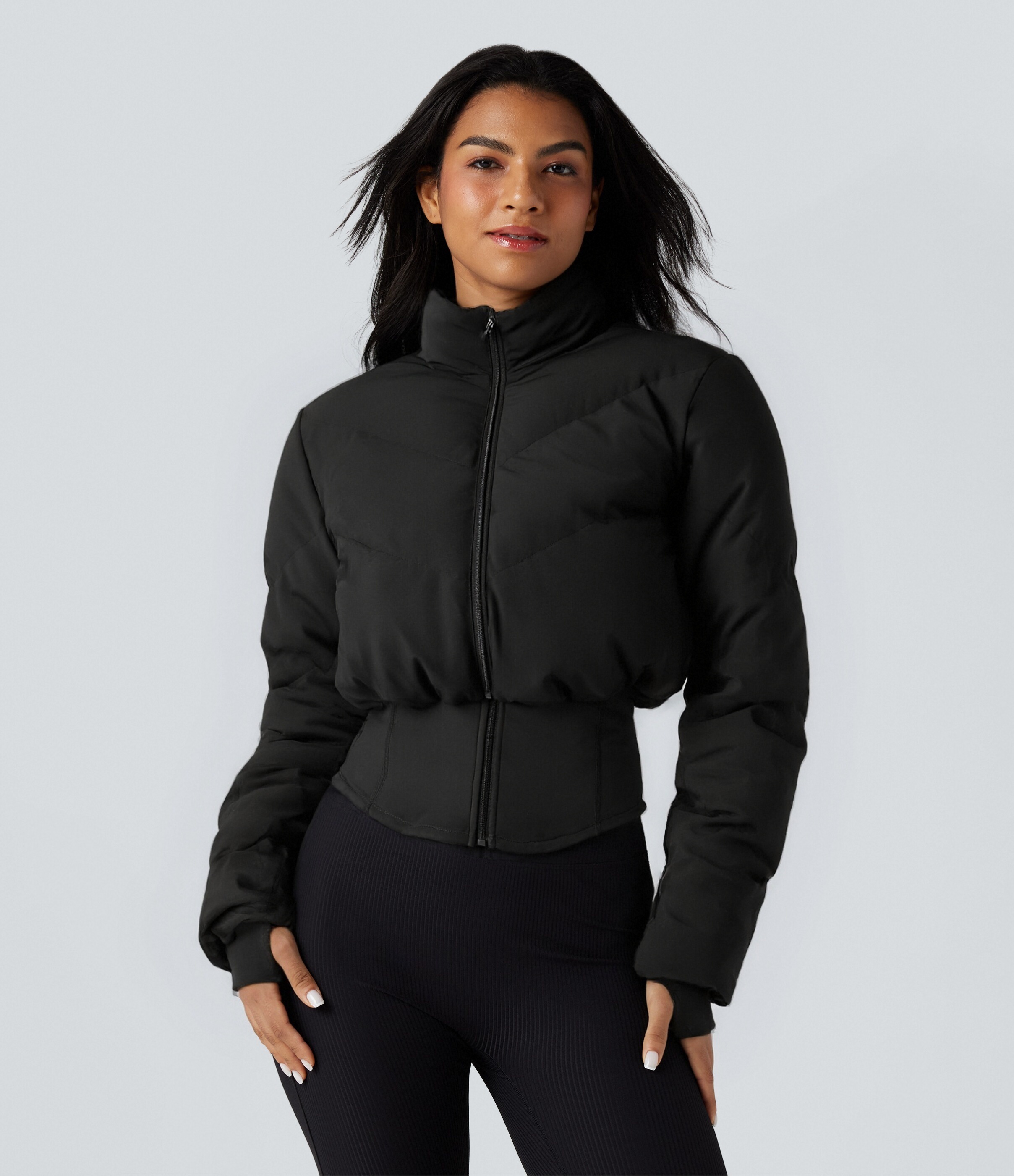 PuffFlex 3-in-1 Stand Collar Casual Cropped Puffer Coat & Thumb Holes Curved Hem Jacket with Pocket