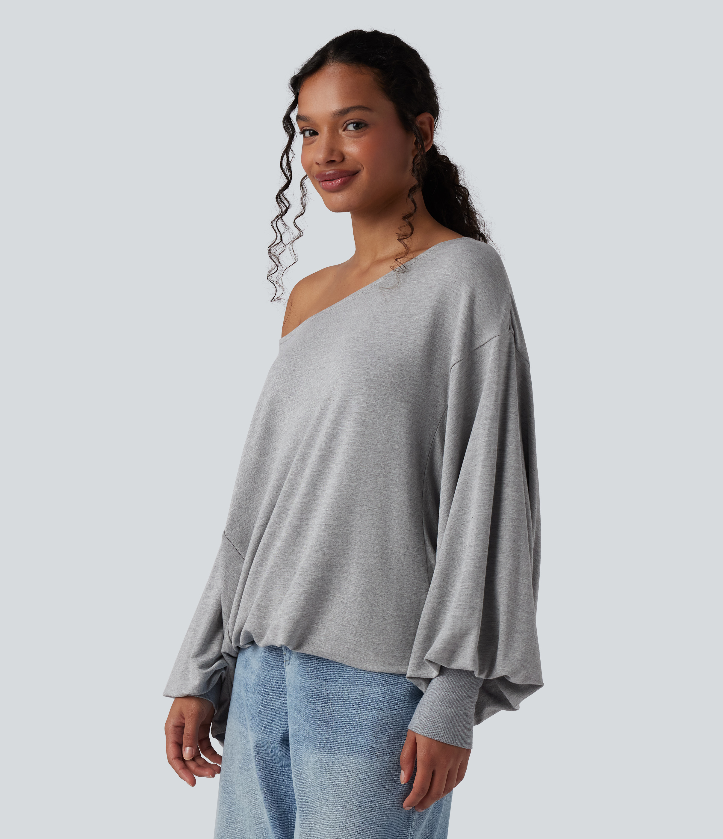 Mottled Grey Lässiges Sport-Sweatshirt mit Bootsausschnitt und langen Ärmeln / 2