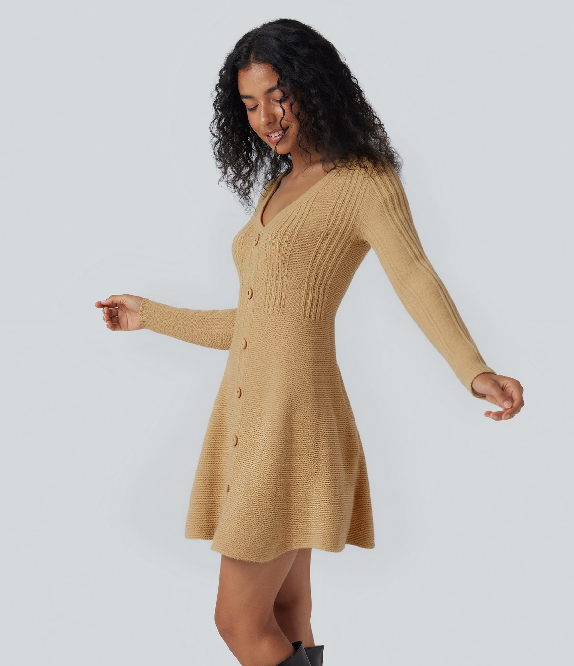 V-neck Long Sleeve Mini Casual Sweater Dress