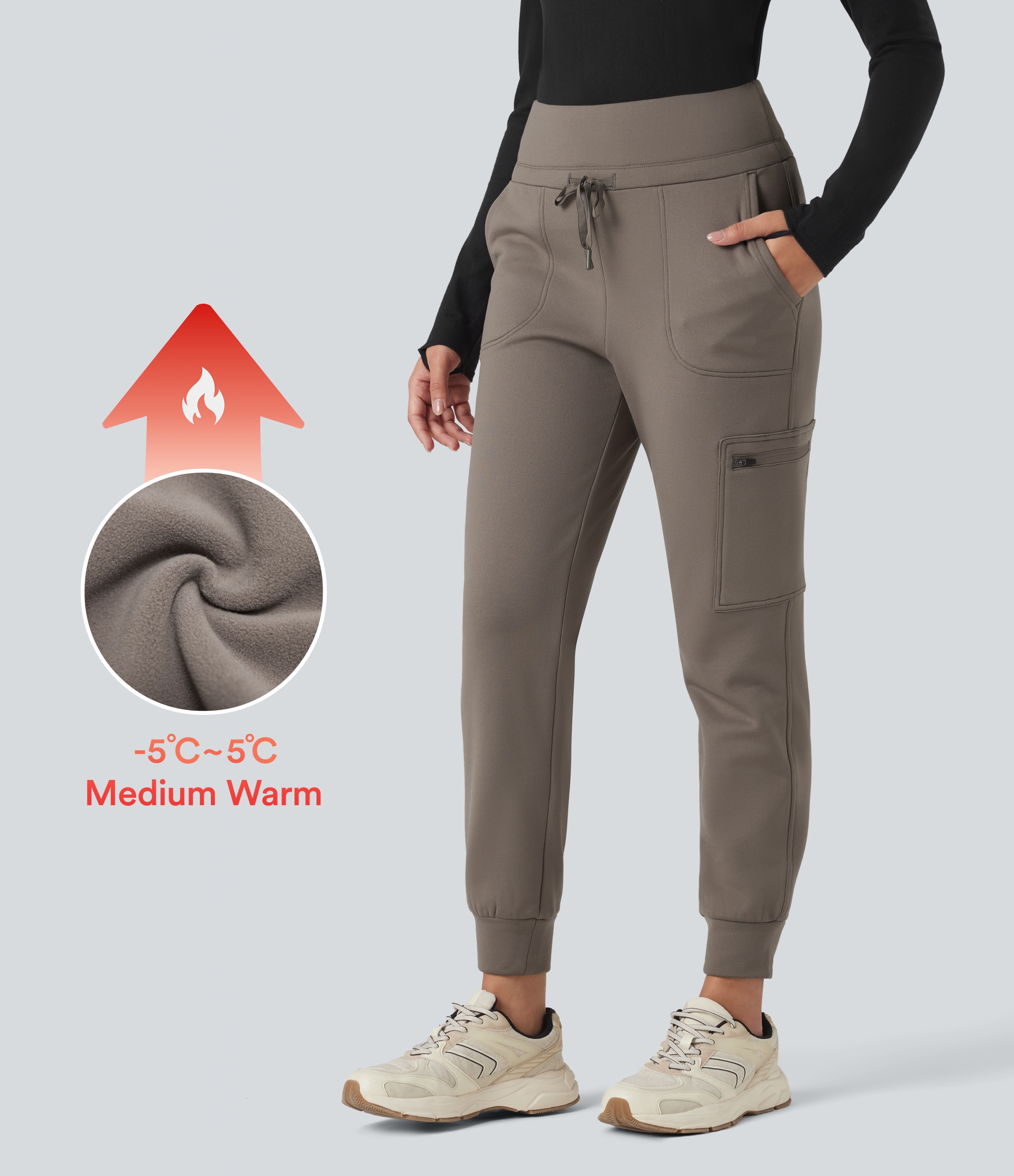 High Waisted Drawstring Tapered Fleece Hiking Joggers with Pockets