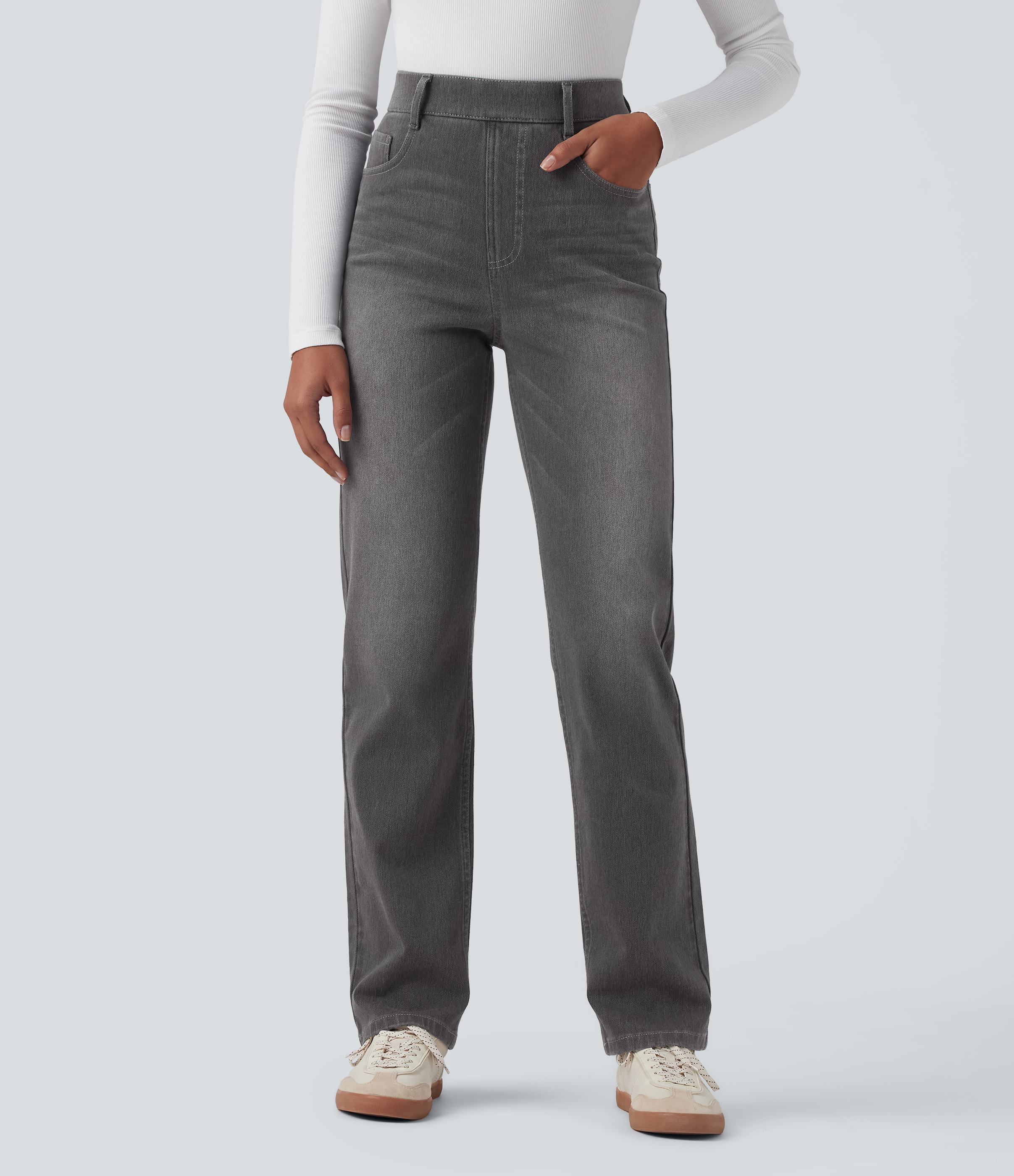 Jean décontracté Halara Flex™ taille haute avec poches gainantes et jambes droites délavées