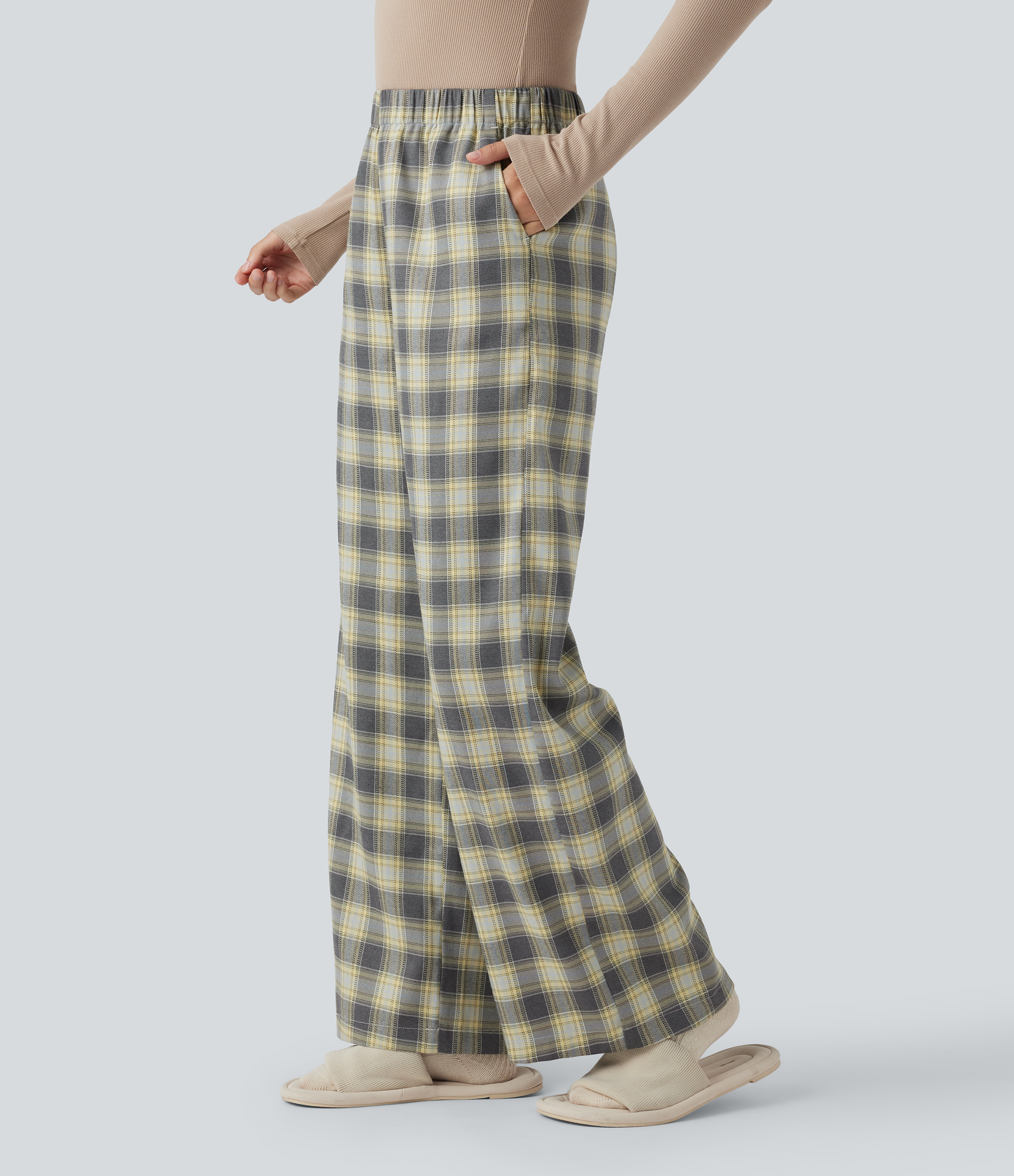 High Waisted Plaid Baggy Lounge Pants with Pockets