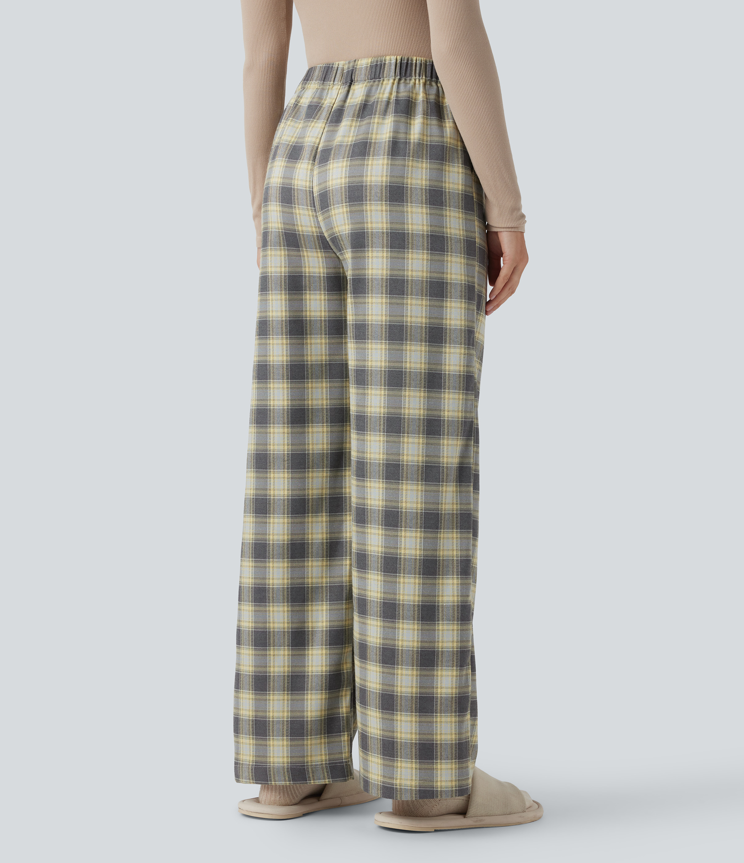 Mustard Plaid Baggy Lounge-Hose mit hohem Bund, Seitentaschen und Karomuster / 2