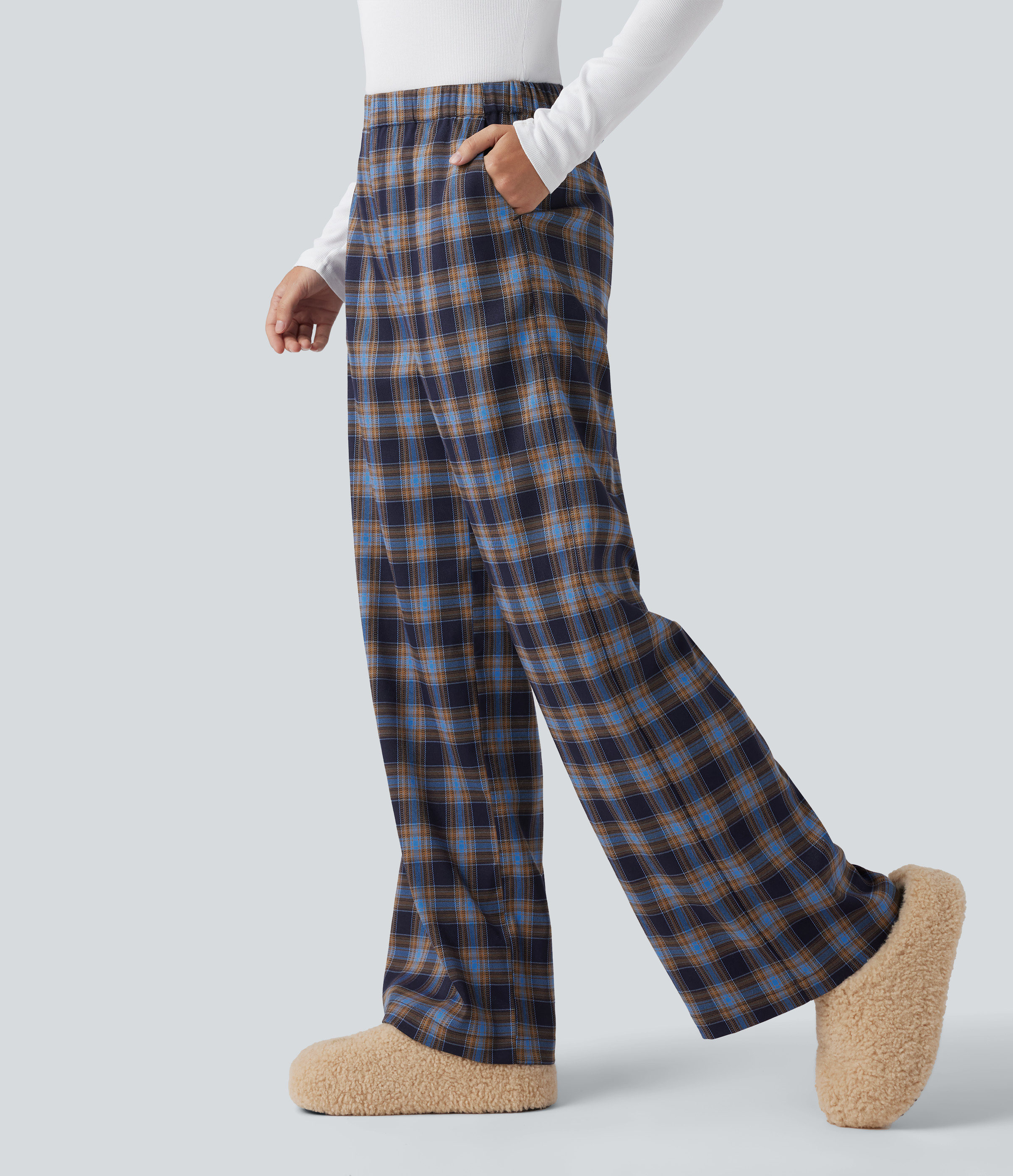 High Waisted Plaid Baggy Lounge Pants with Pockets