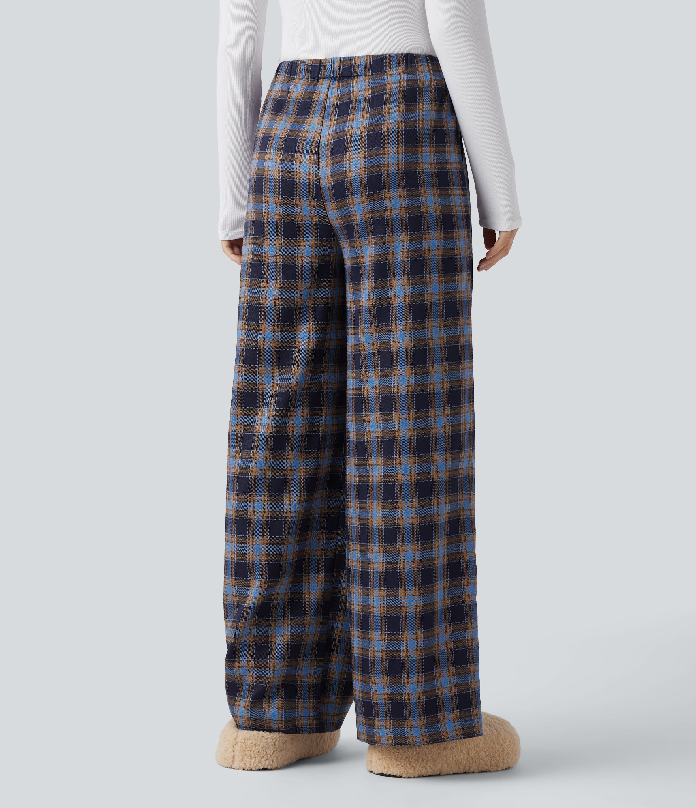 Blue and Red Plaid Pantalon lounge ample à carreaux taille haute avec poches / 2