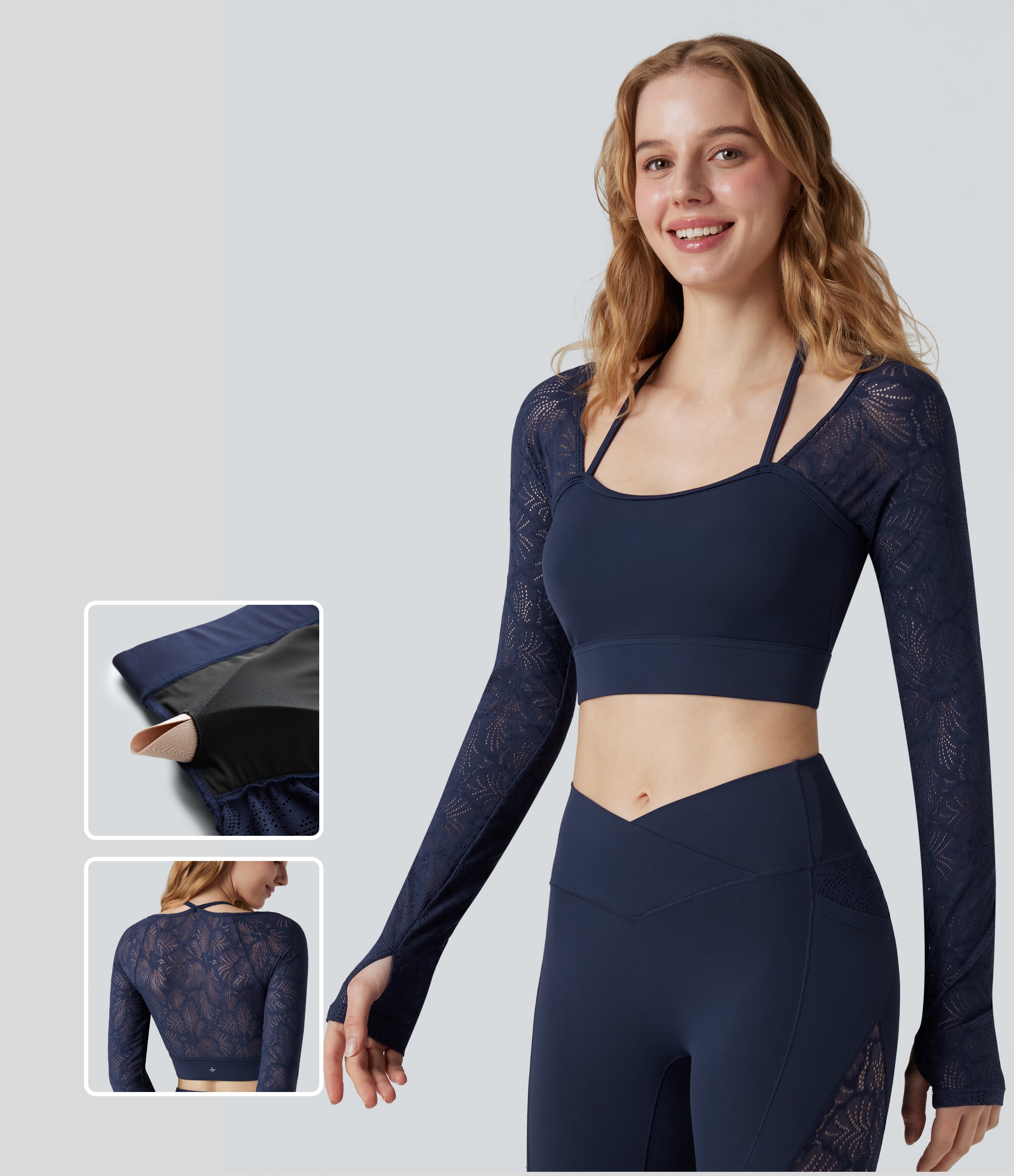 Peacoat SoftlyZero™ - Yoga-Top mit eleganter Kontrastspitze, Neckholder, langen Ärmeln und Daumenlöchern / 1